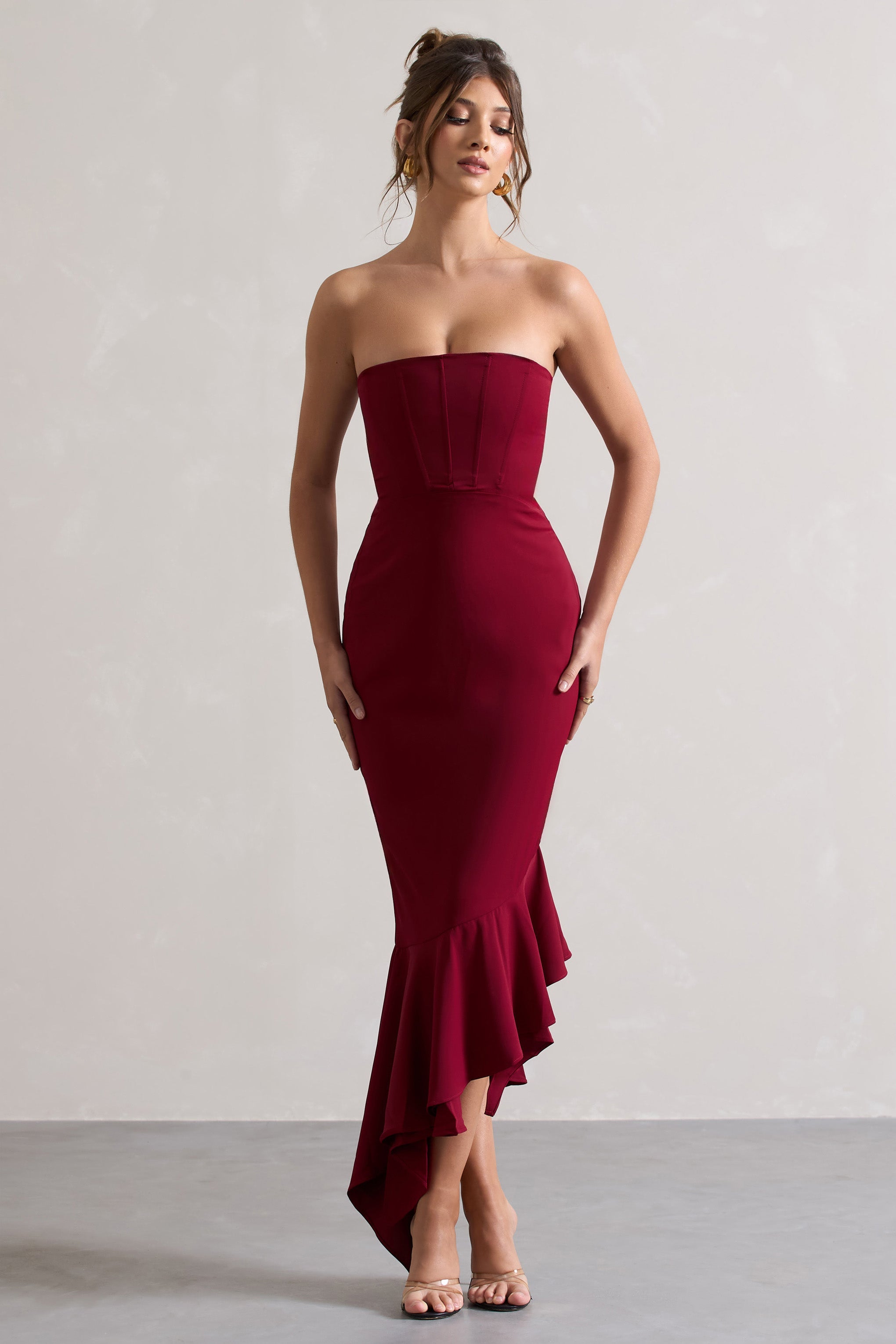 Sandy | Berry Straplez Korse Asimetrik Maxi Elbise