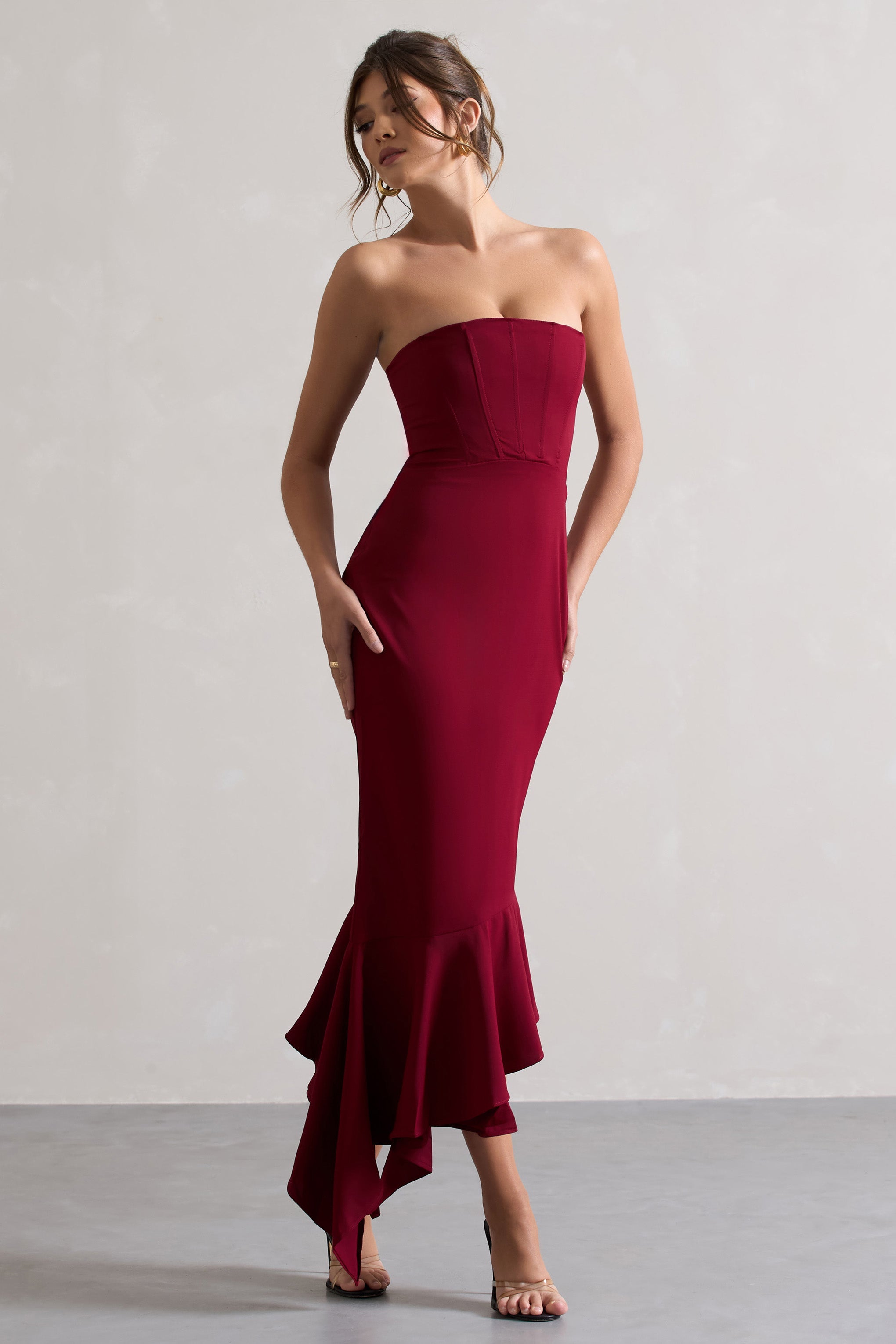 Sandy | Berry Straplez Korse Asimetrik Maxi Elbise
