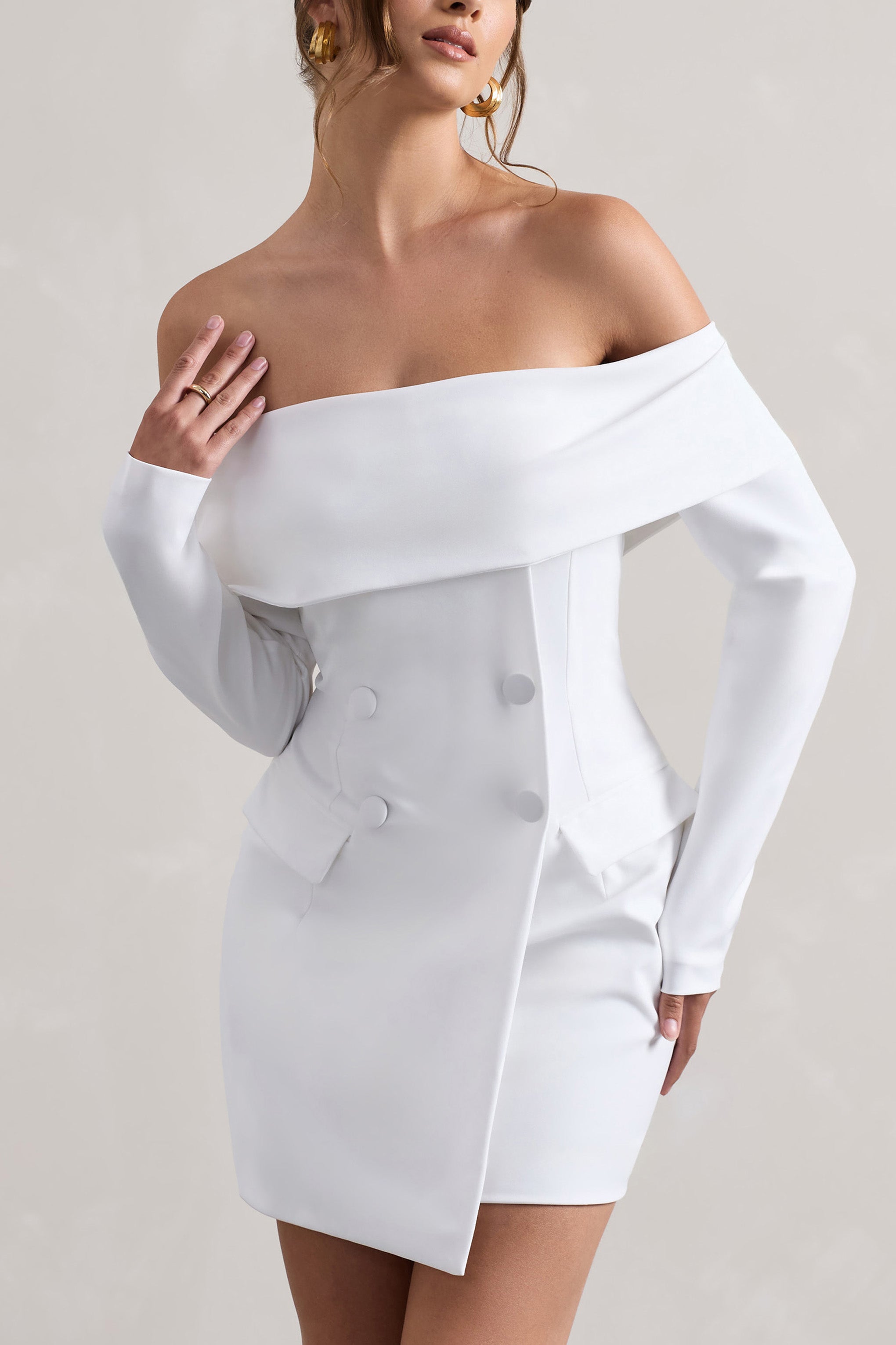 Tara | Beyaz Bardot Kesim Blazer Elbise