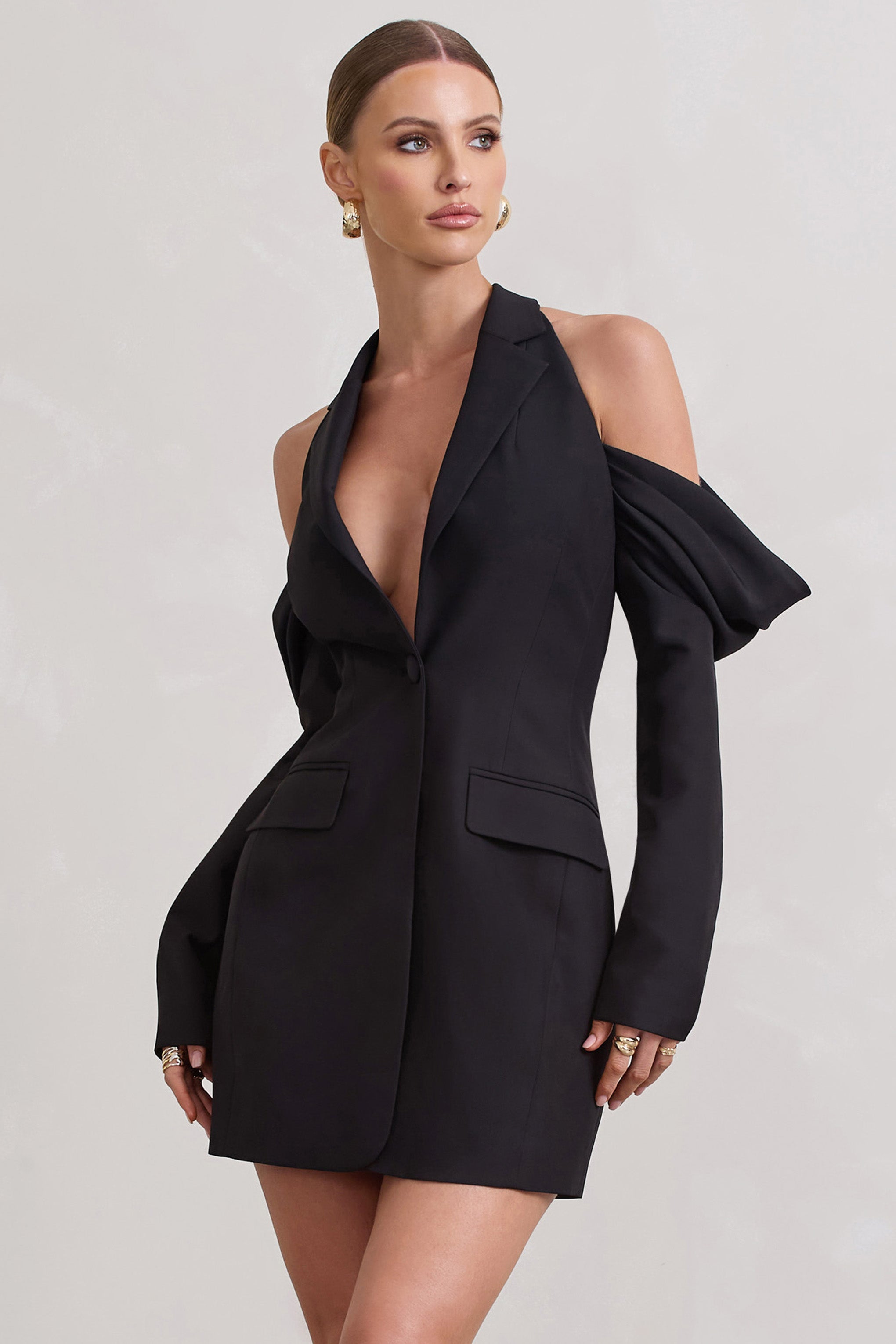 Geceyi Geçirin | Siyah Derin V Yaka Drapeli Blazer Elbise