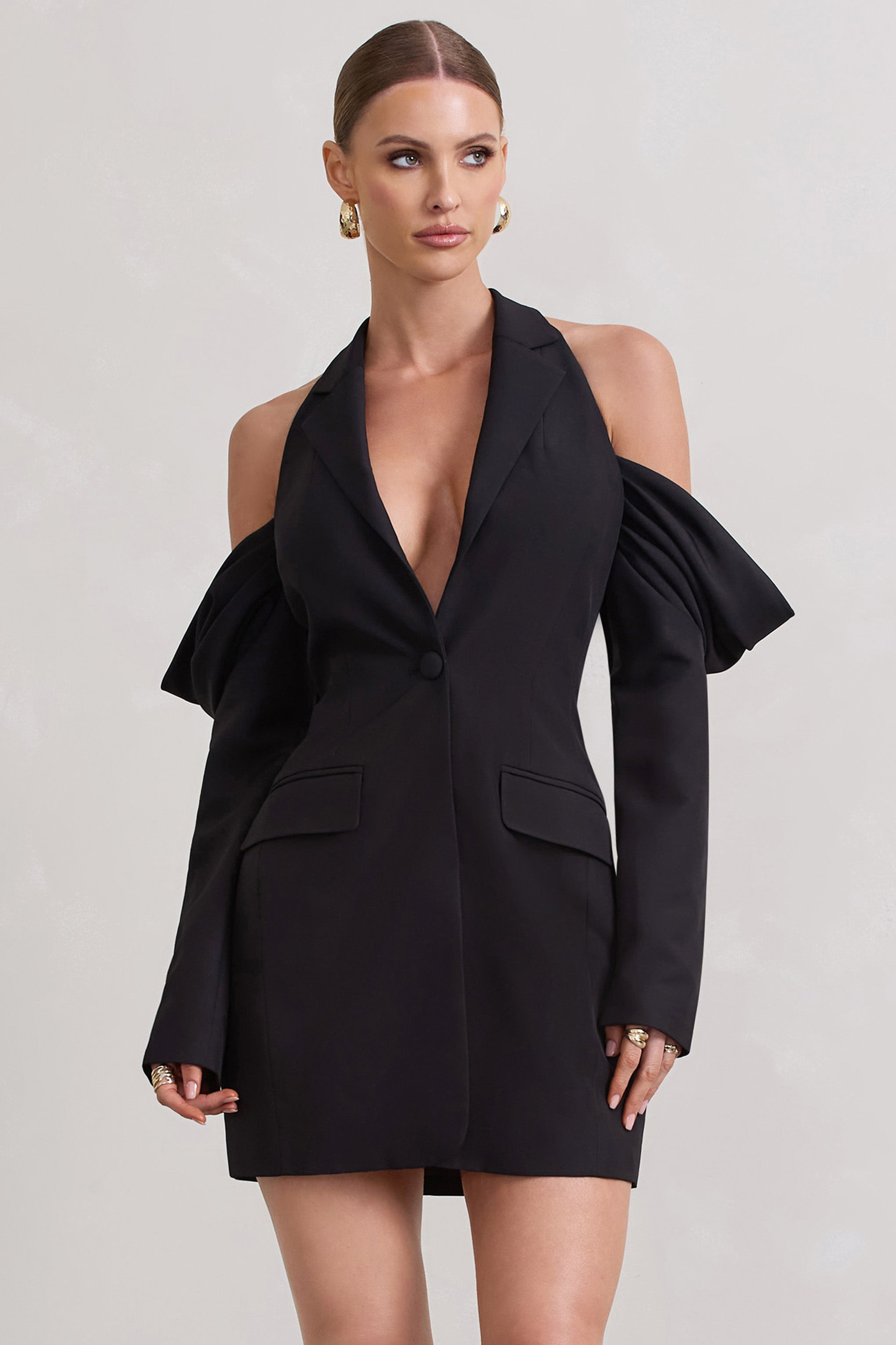 Geceyi Geçirin | Siyah Derin V Yaka Drapeli Blazer Elbise