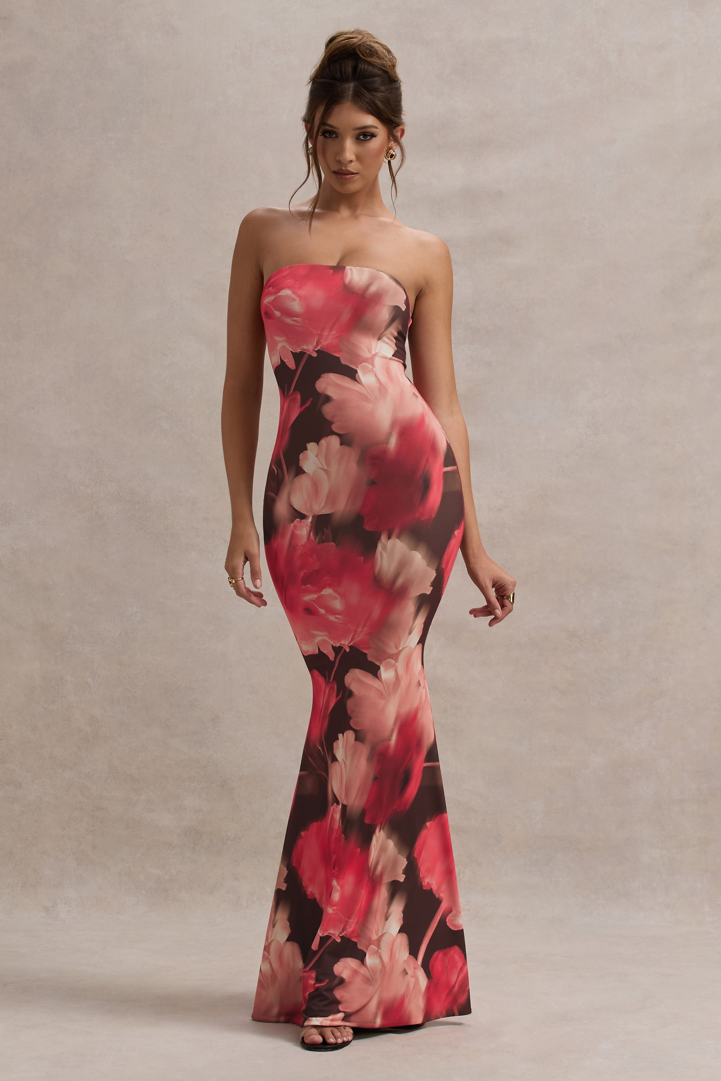 Tören | Kırmızı Çiçek Desenli Bandeau Fishtail Maxi Elbise