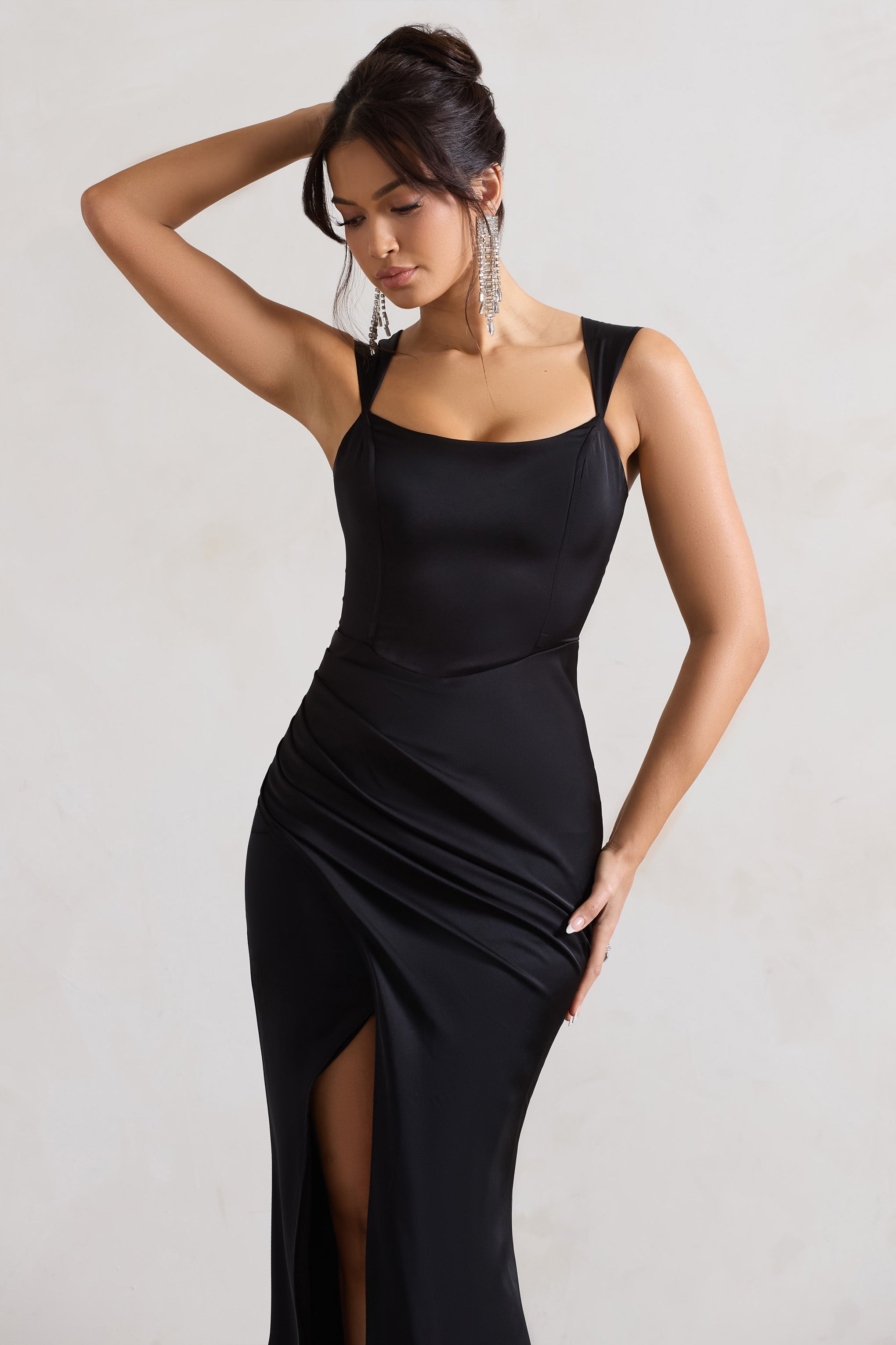 Romantik | Siyah Saten Korsaj Sarma Maxi Elbise