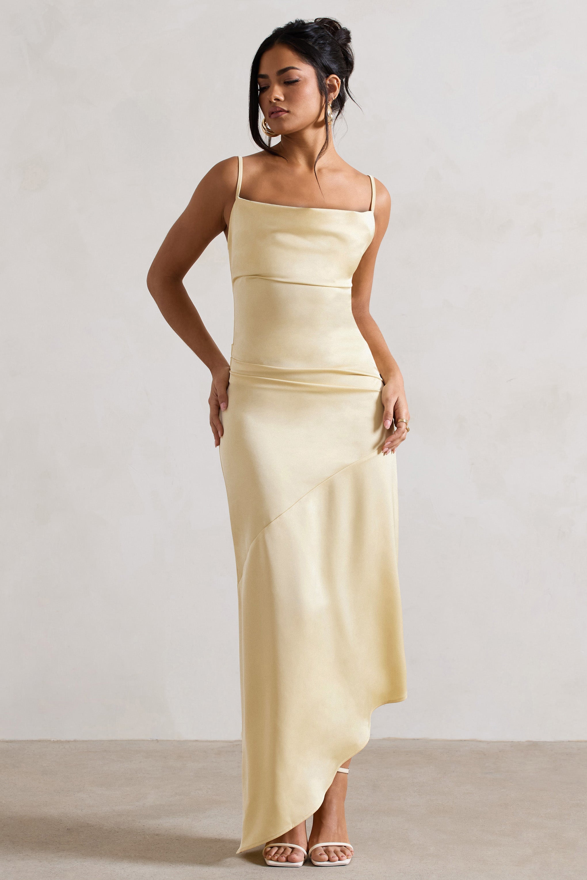 Santi | Limon Saten Cowl-Neck Asimetrik Maxi Elbise