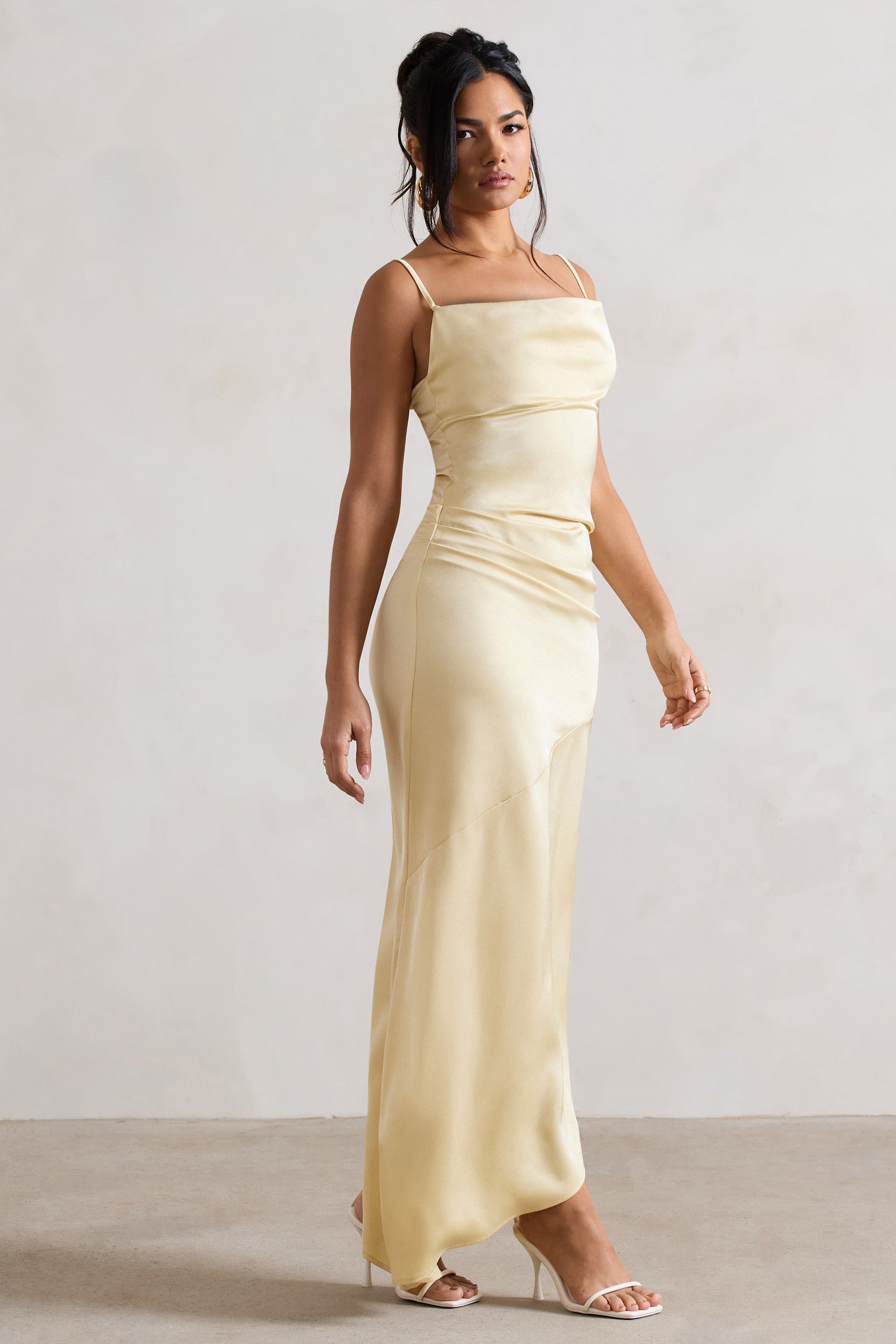 Santi | Limon Saten Cowl-Neck Asimetrik Maxi Elbise