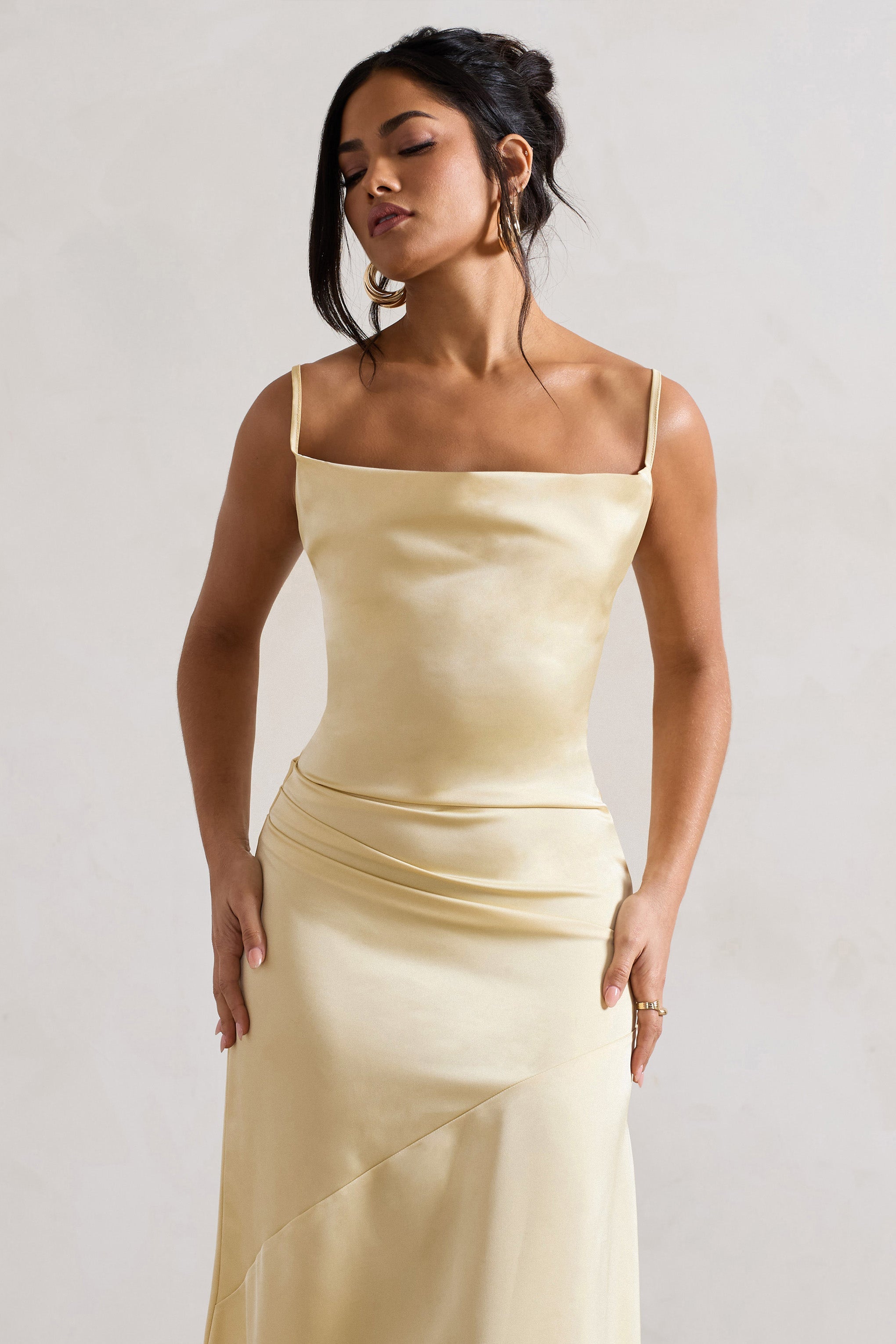 Santi | Limon Saten Cowl-Neck Asimetrik Maxi Elbise