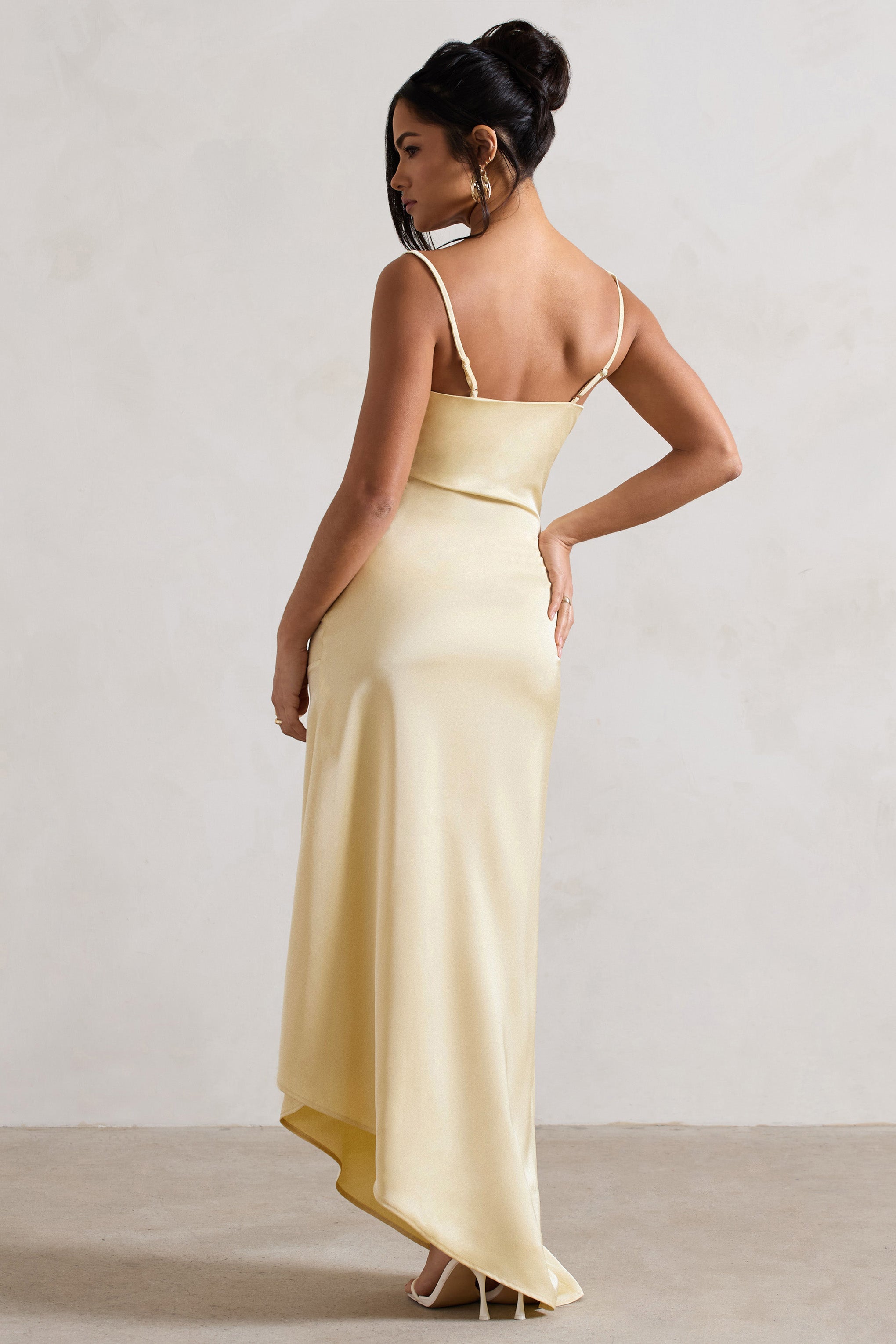 Santi | Limon Saten Cowl-Neck Asimetrik Maxi Elbise