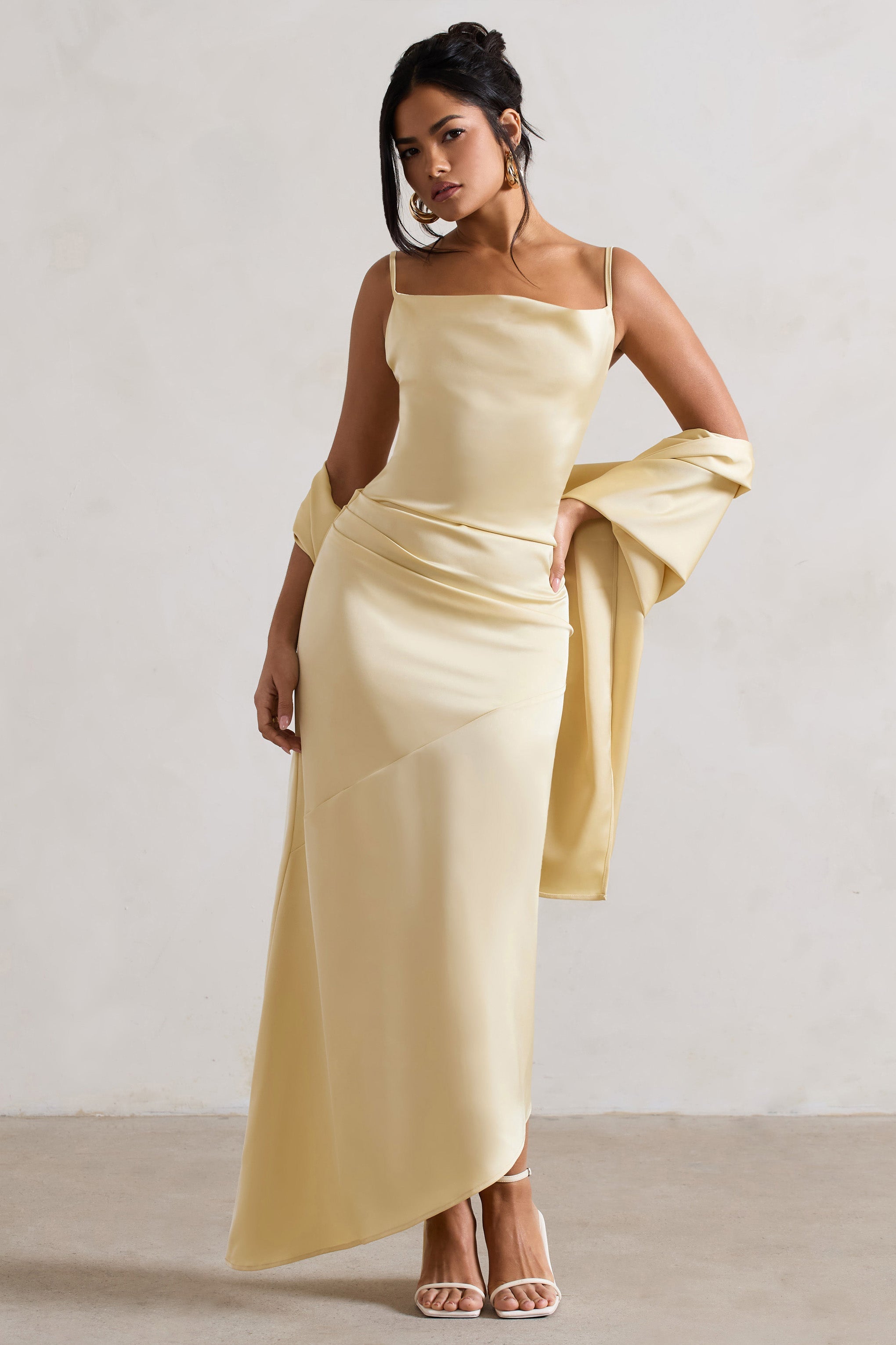 Santi | Limon Saten Cowl-Neck Asimetrik Maxi Elbise
