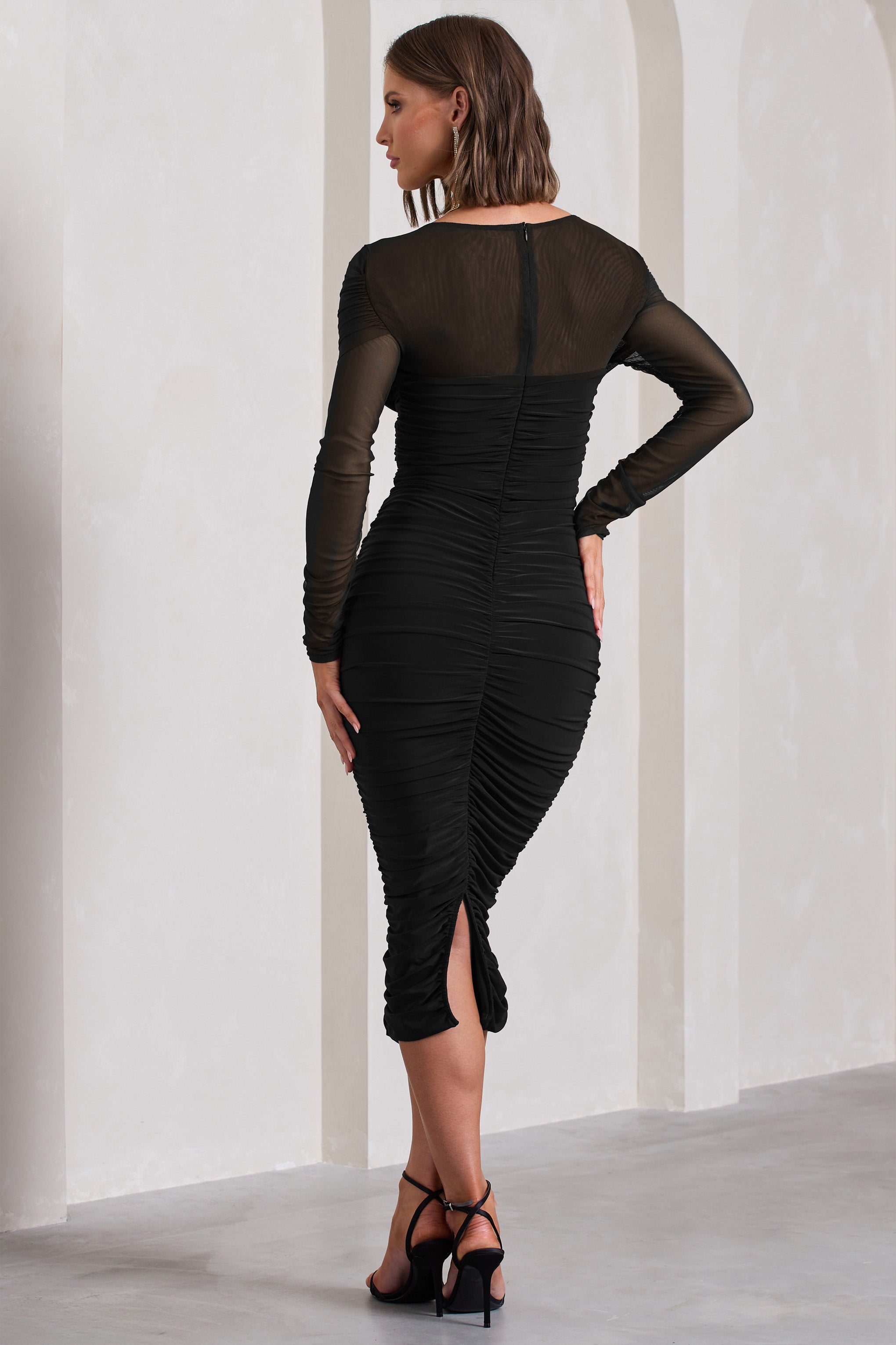 Satır Arasında | Siyah Ruché File Uzun Kollu Bodycon Midi Elbise