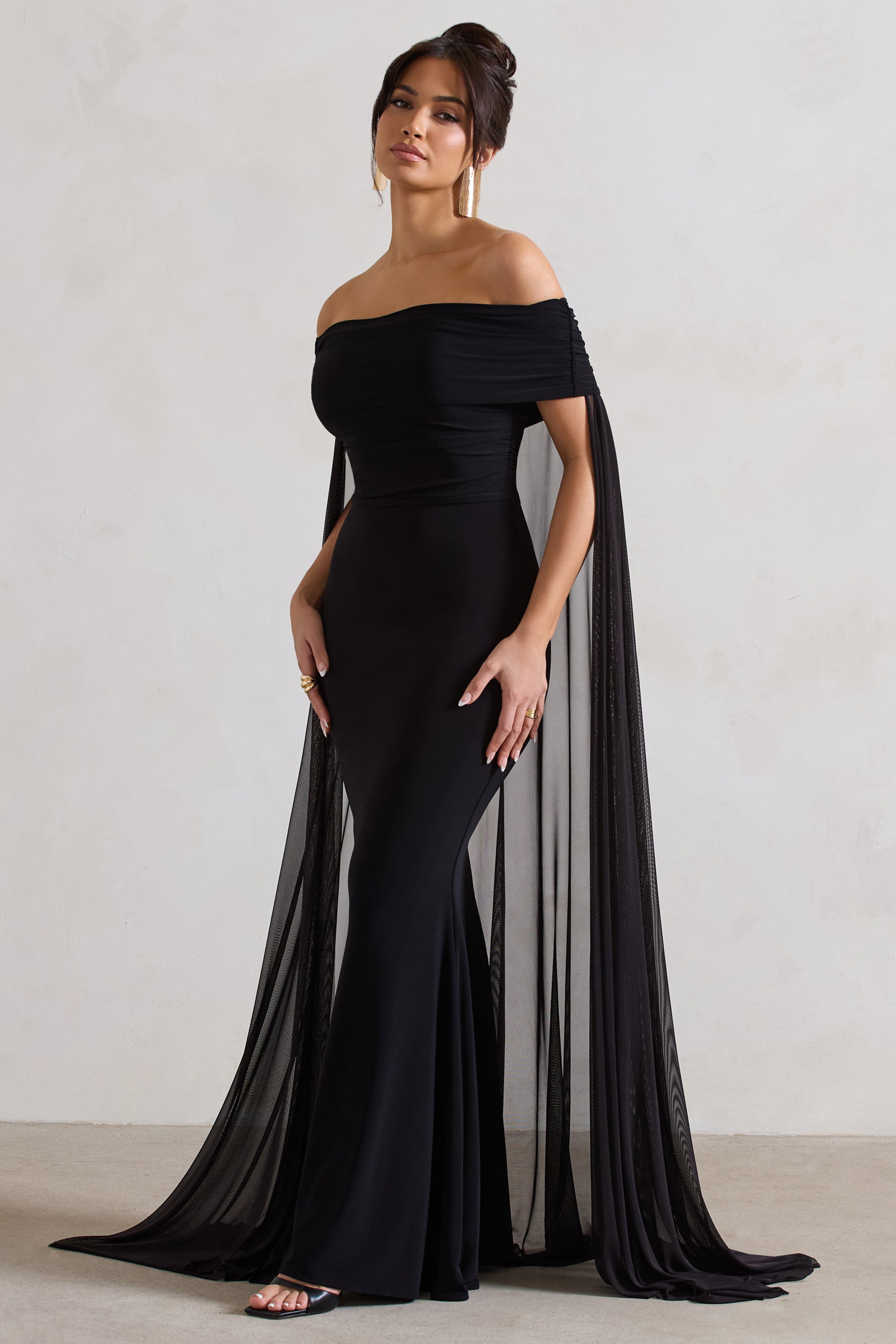 Carlotta | Şifon Pelerinli Siyah Bardot Maxi Elbise