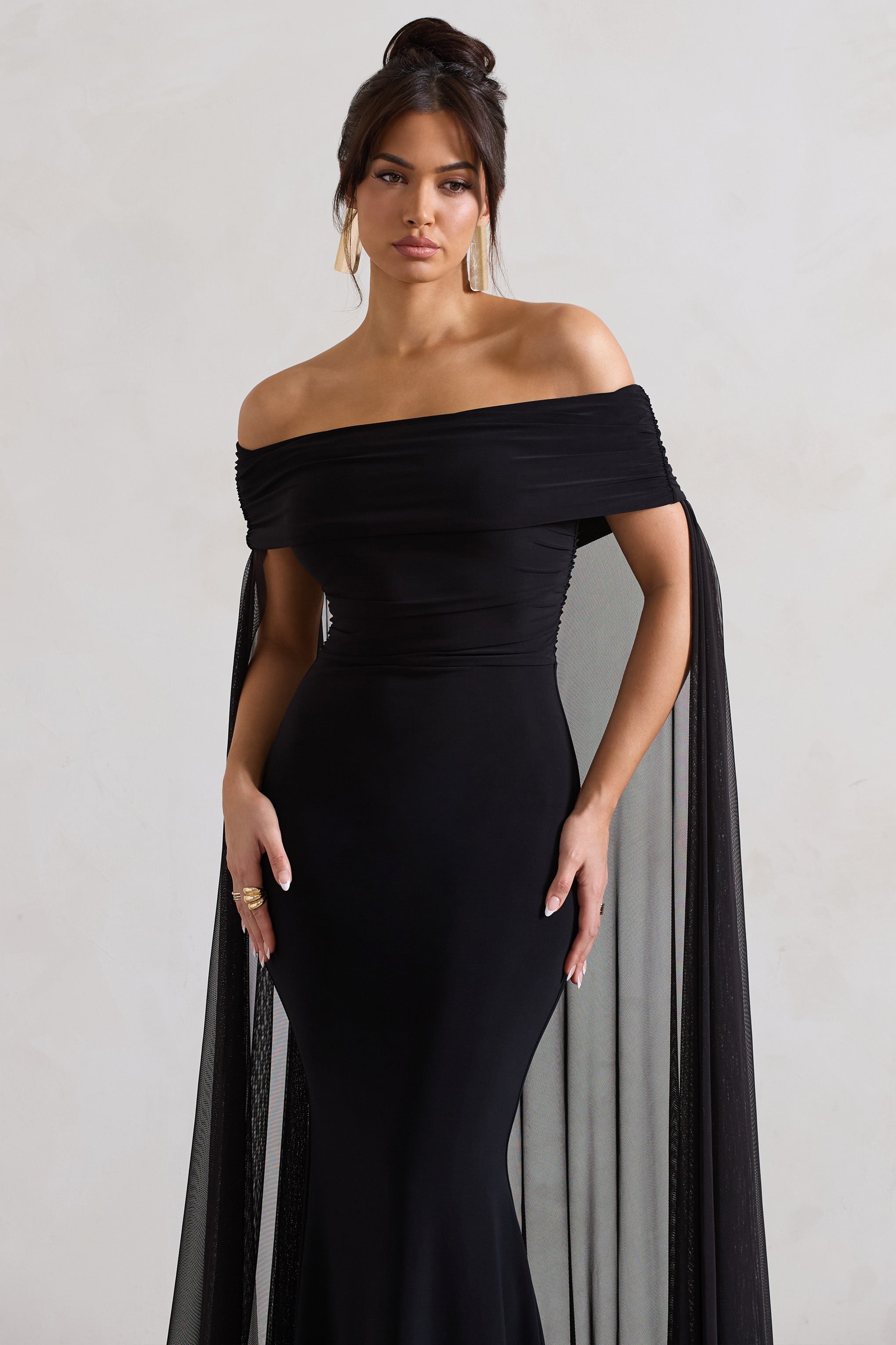 Carlotta | Şifon Pelerinli Siyah Bardot Maxi Elbise