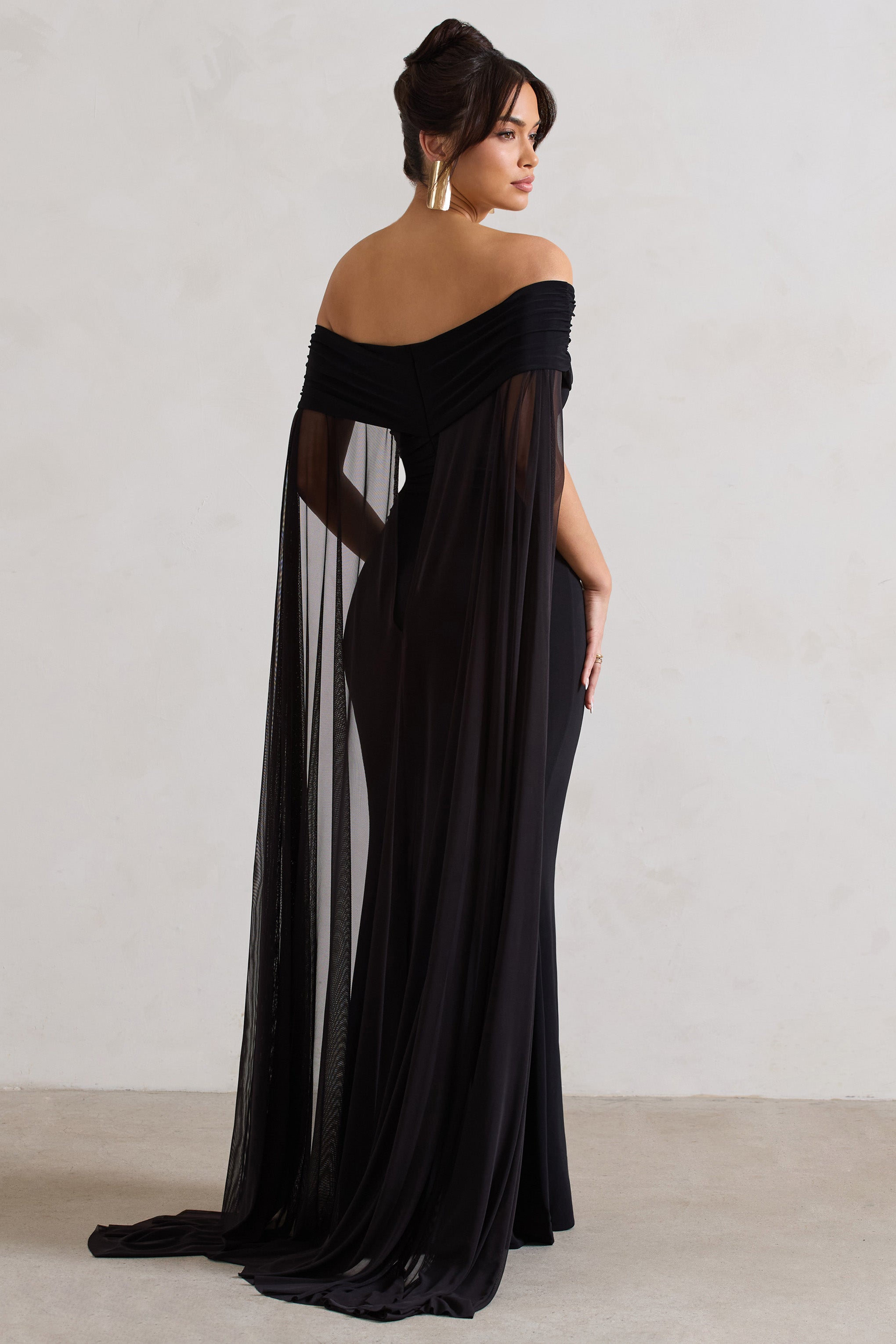 Carlotta | Şifon Pelerinli Siyah Bardot Maxi Elbise