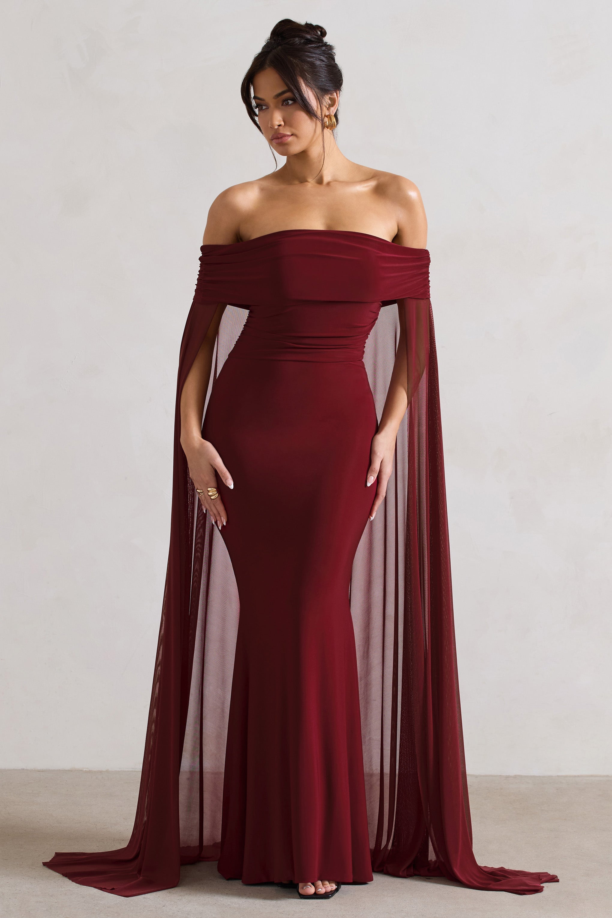 Carlotta | Şifon Pelerinli Berry Bardot Maxi Elbise