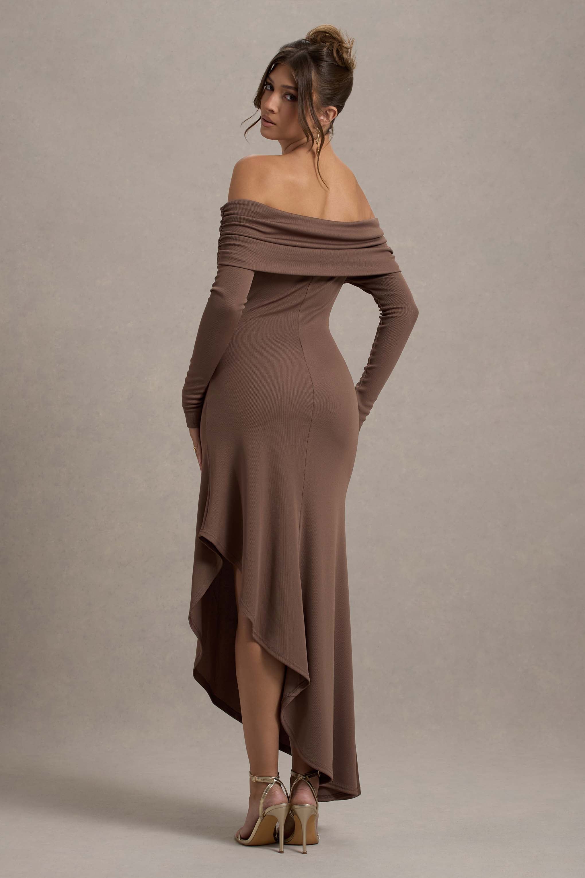 Romina | Mocha Rib Triko Bardot Maxi Elbise Asimetrik Etek Ucu ile