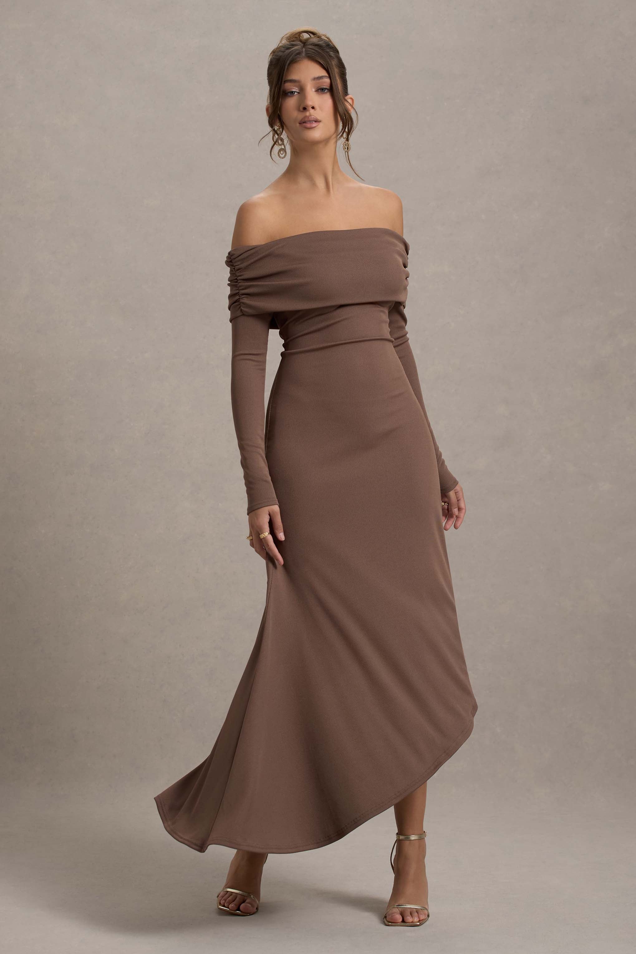 Romina | Mocha Rib Triko Bardot Maxi Elbise Asimetrik Etek Ucu ile