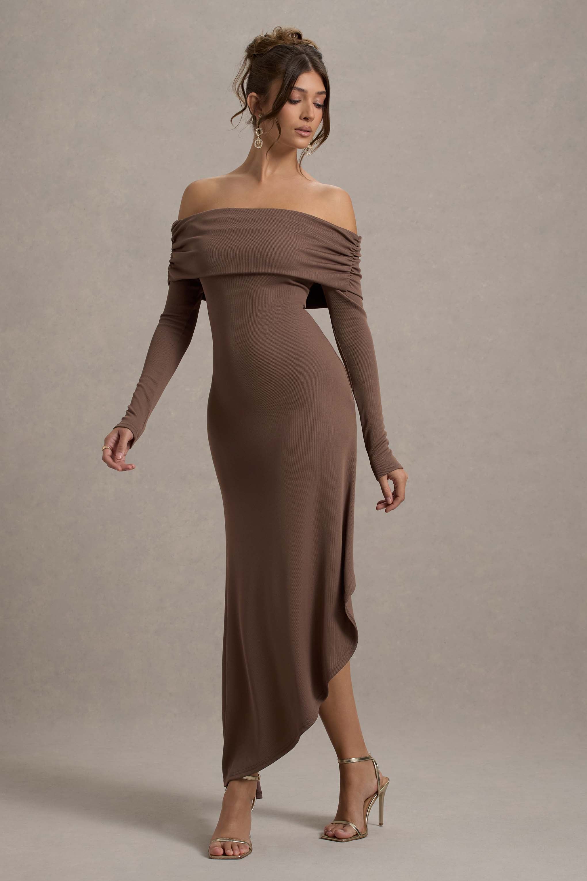 Romina | Mocha Rib Triko Bardot Maxi Elbise Asimetrik Etek Ucu ile