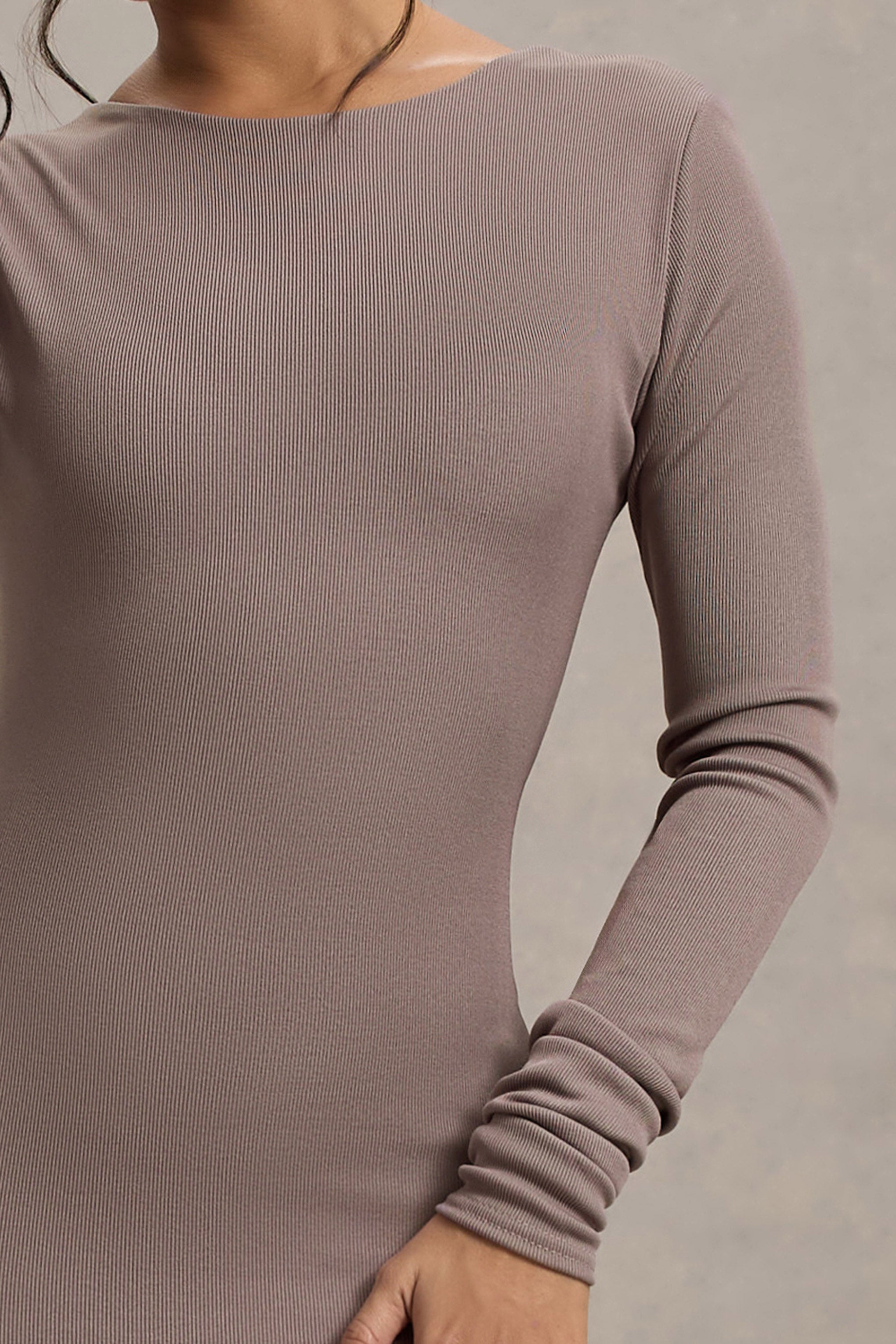 Madden | Taupe Rib Triko Cowl-Back Midi Elbise