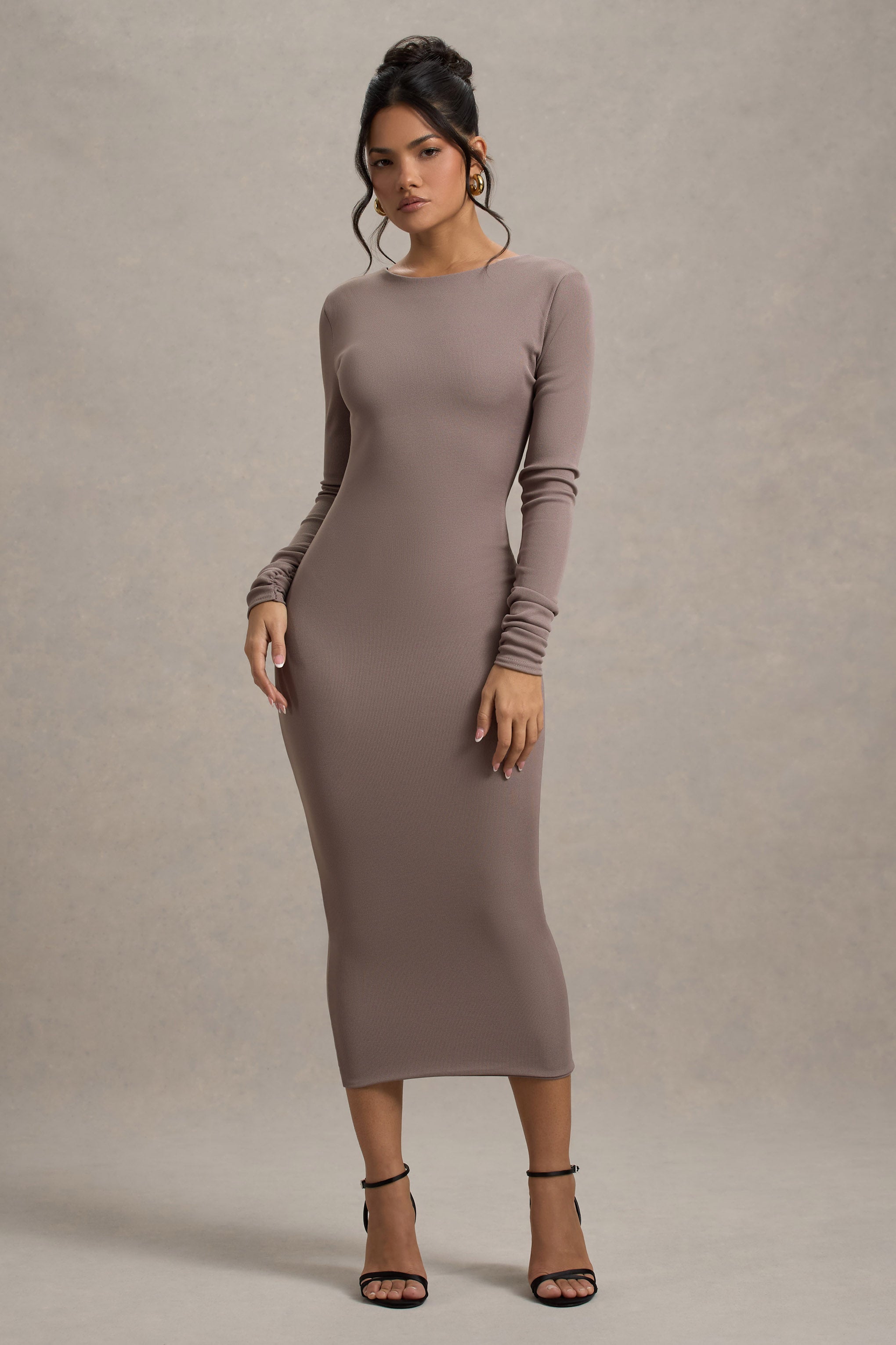 Madden | Taupe Rib Triko Cowl-Back Midi Elbise