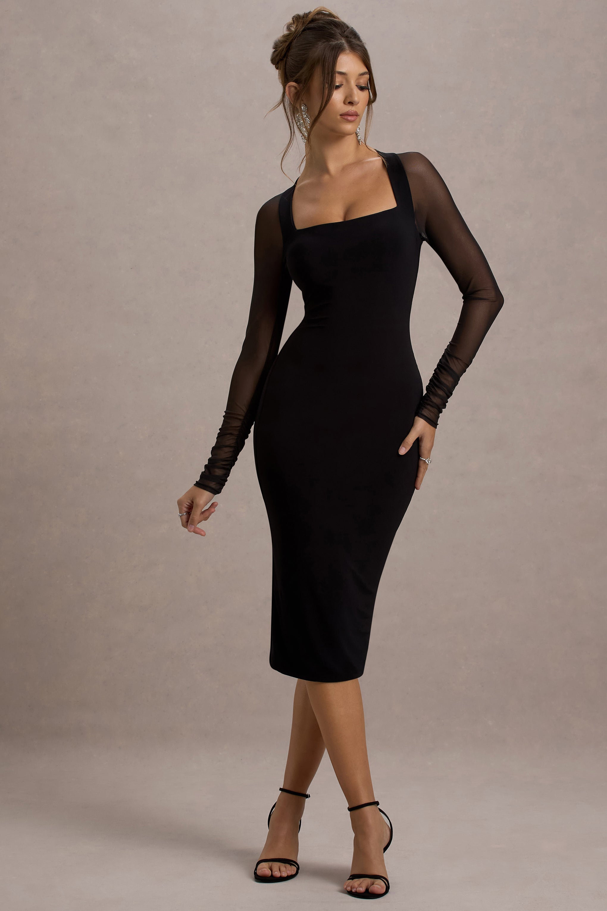Off Track | Siyah Bodycon Midi Elbise Şeffaf Kollarla