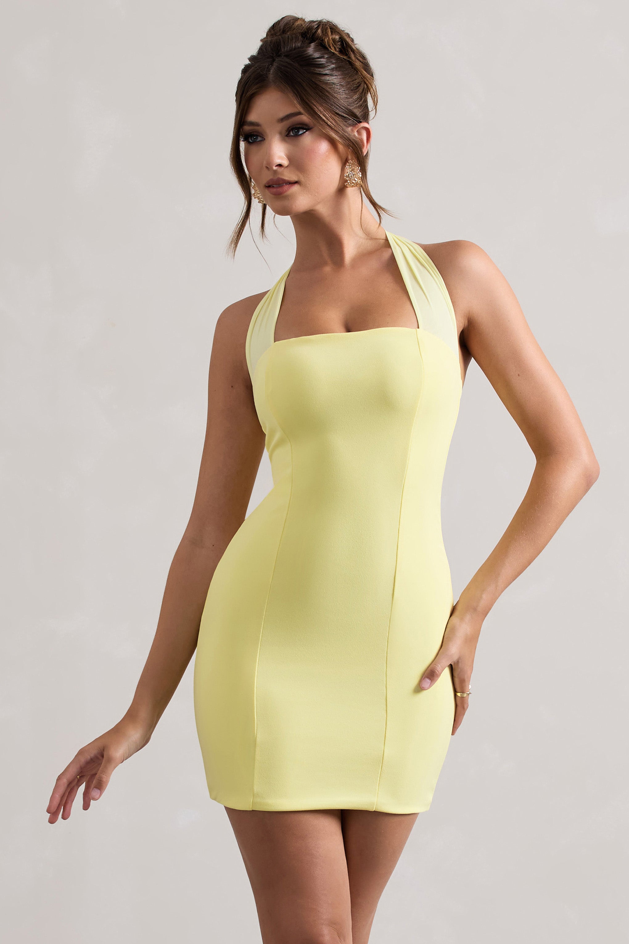 Soul | Limon Renkli Bodycon Halter Yaka Mini Elbise