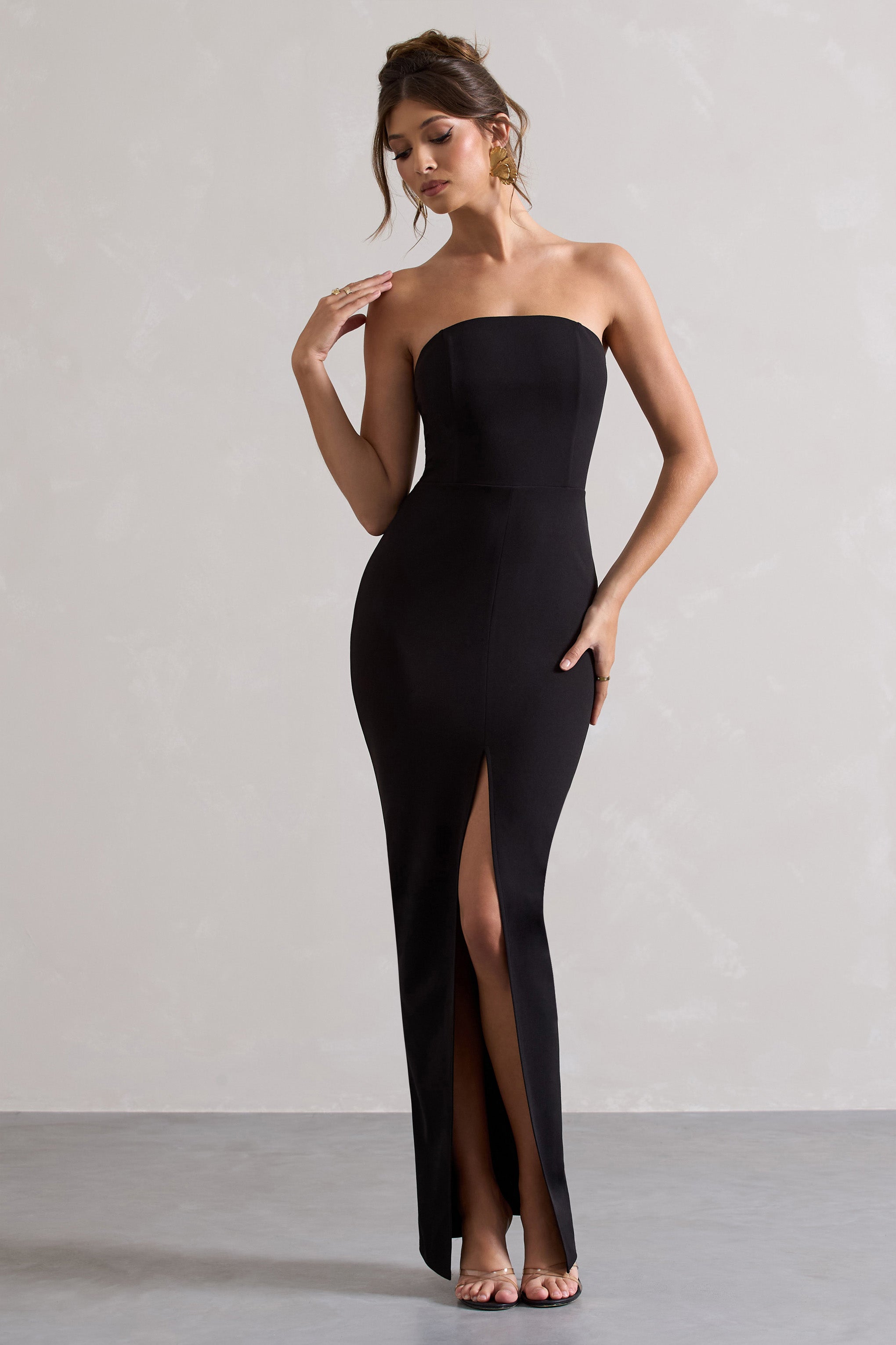 Cailin | Siyah Askısız Yırtmaçlı Maxi Elbise