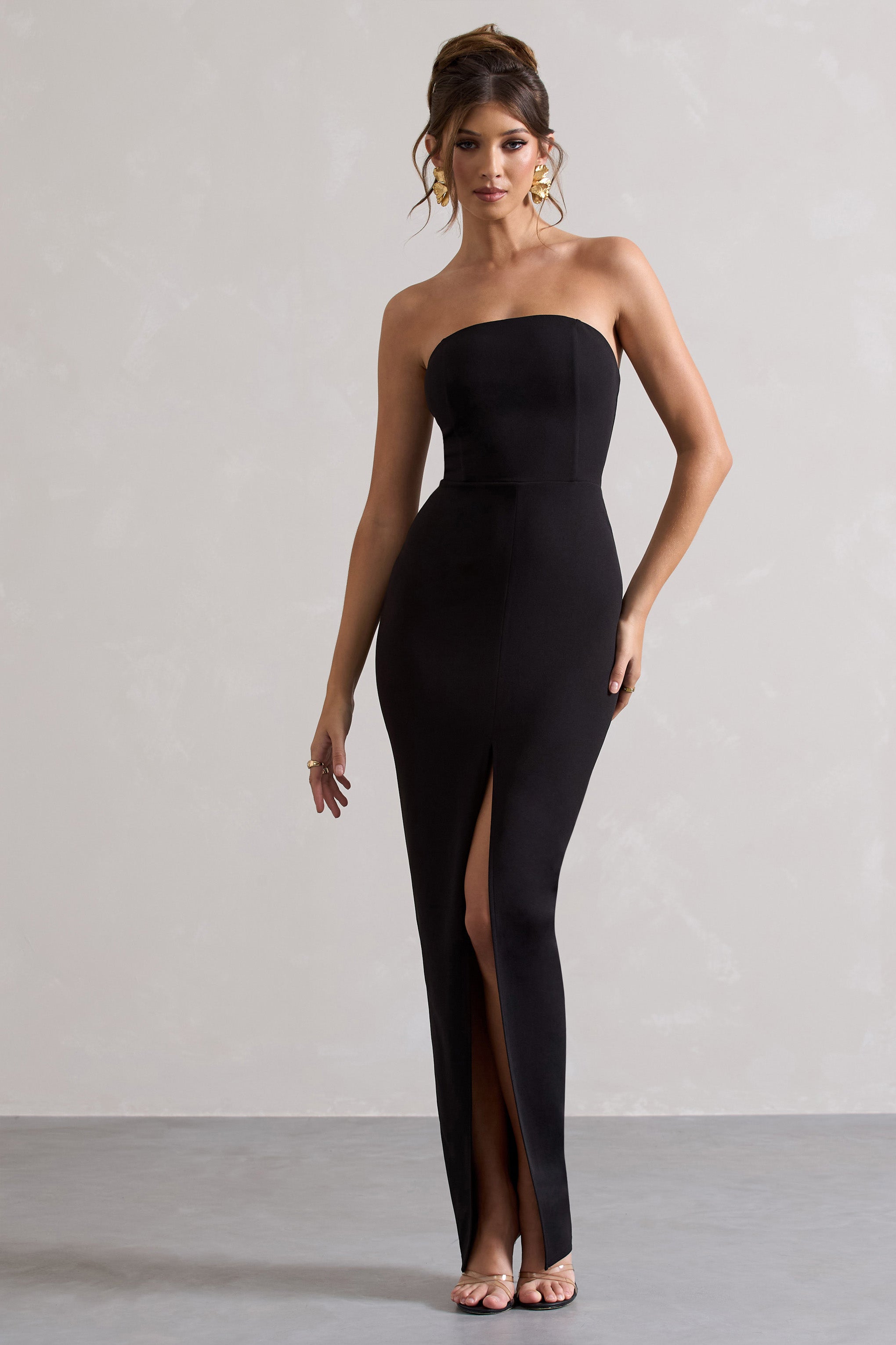 Cailin | Siyah Askısız Yırtmaçlı Maxi Elbise