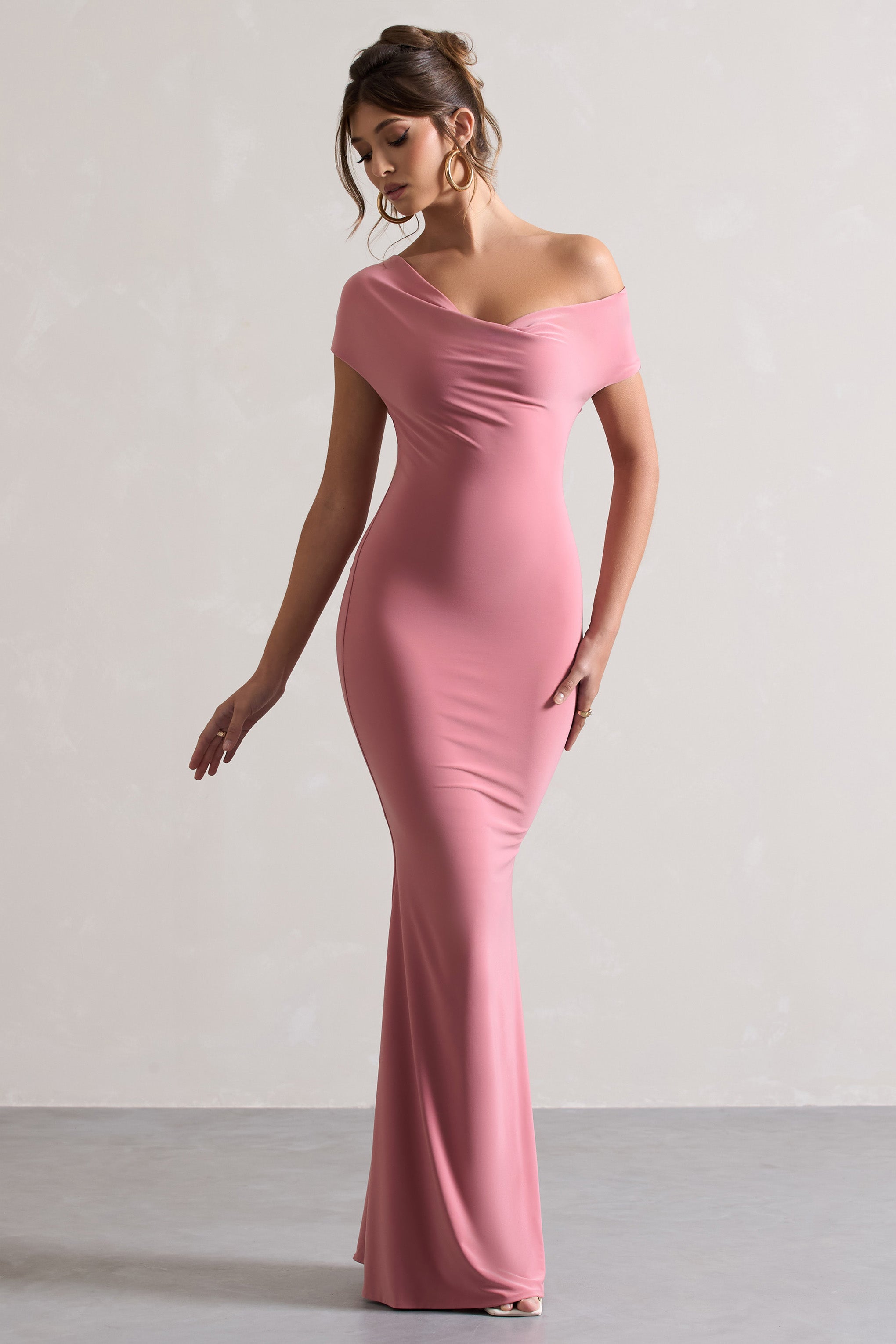 Avila | Pembe Asimetrik Bardot Maxi Elbise