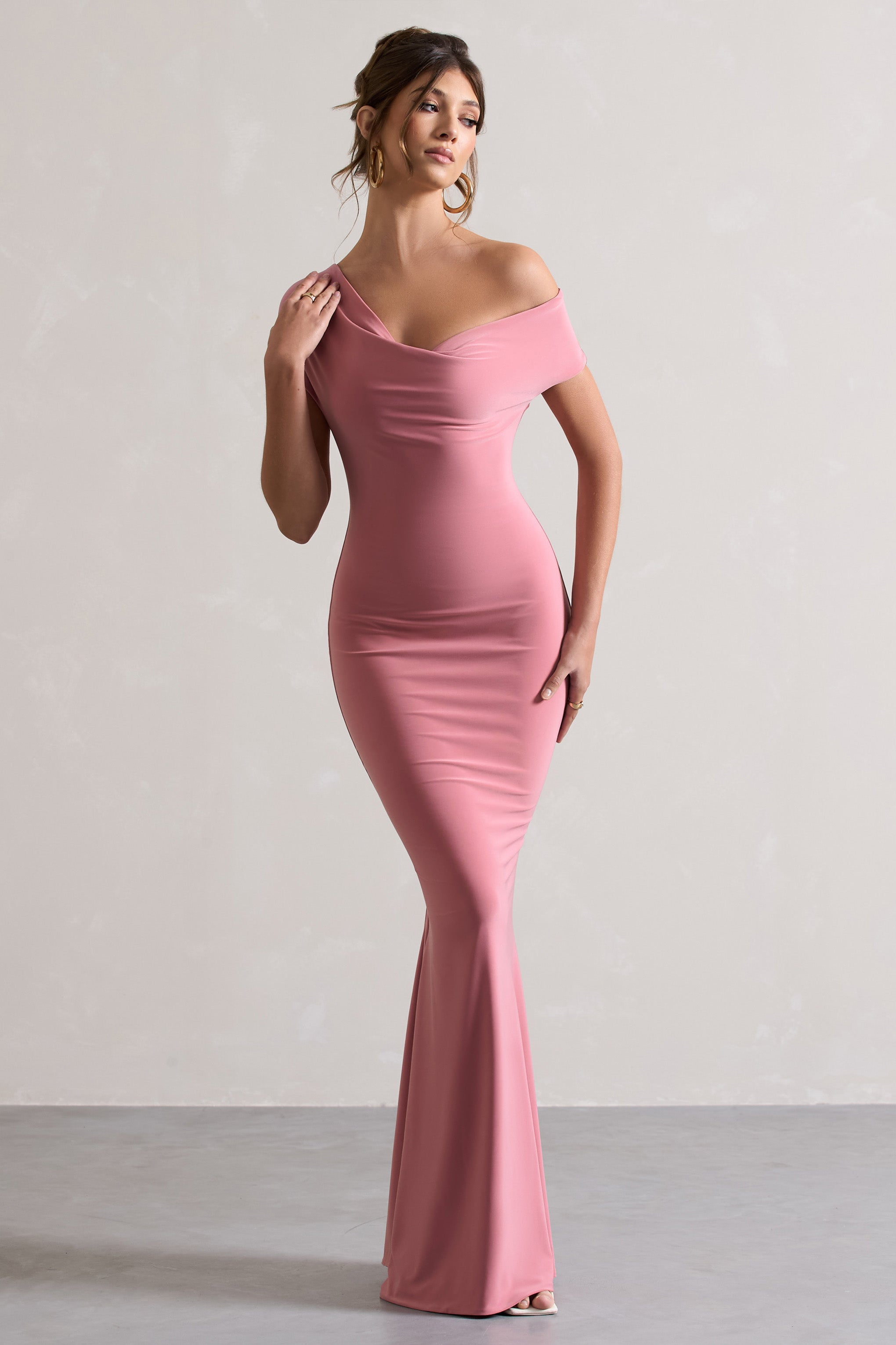 Avila | Pembe Asimetrik Bardot Maxi Elbise