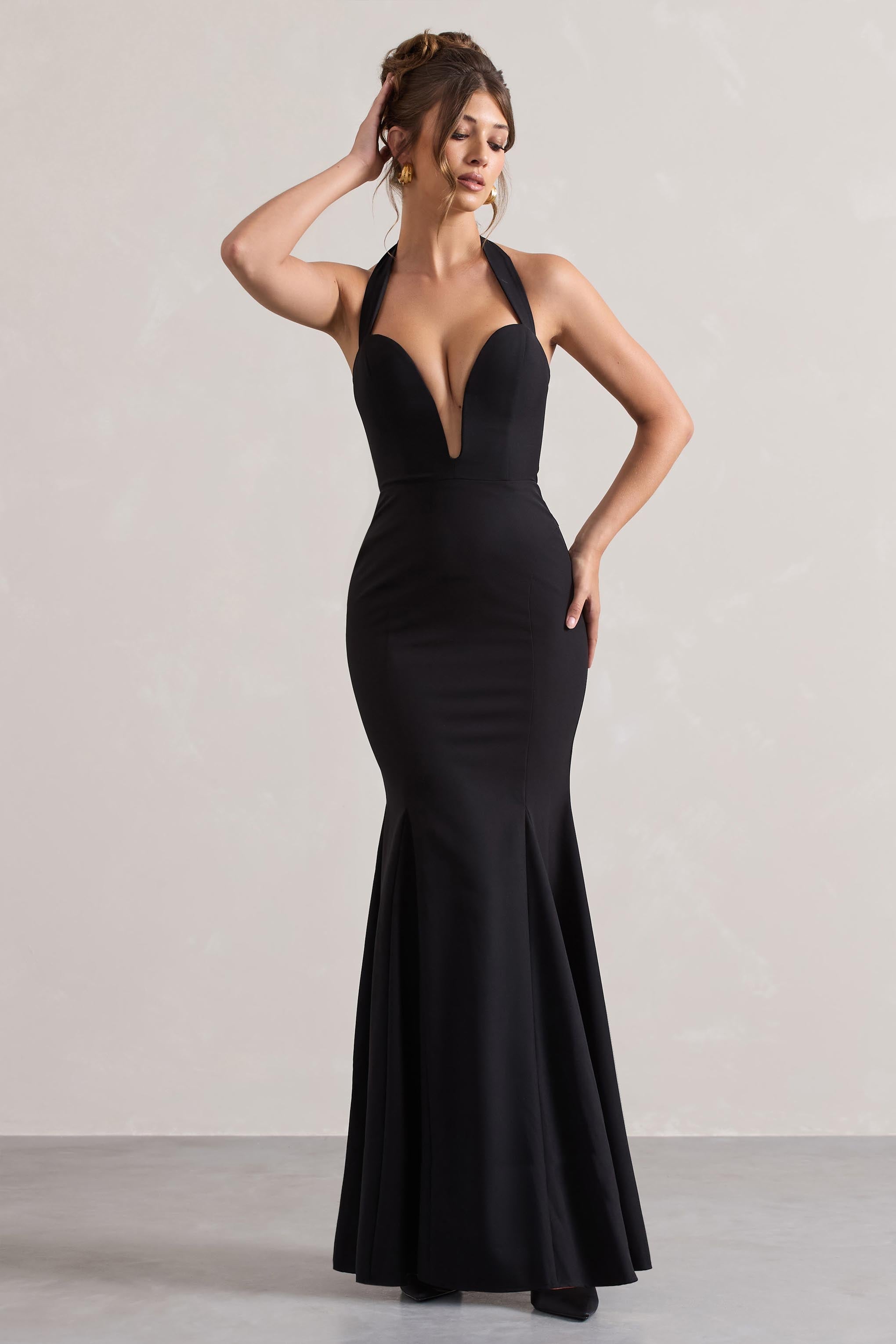 Plaza | Siyah Derin Yaka Halter Boy Fishtail Elbise