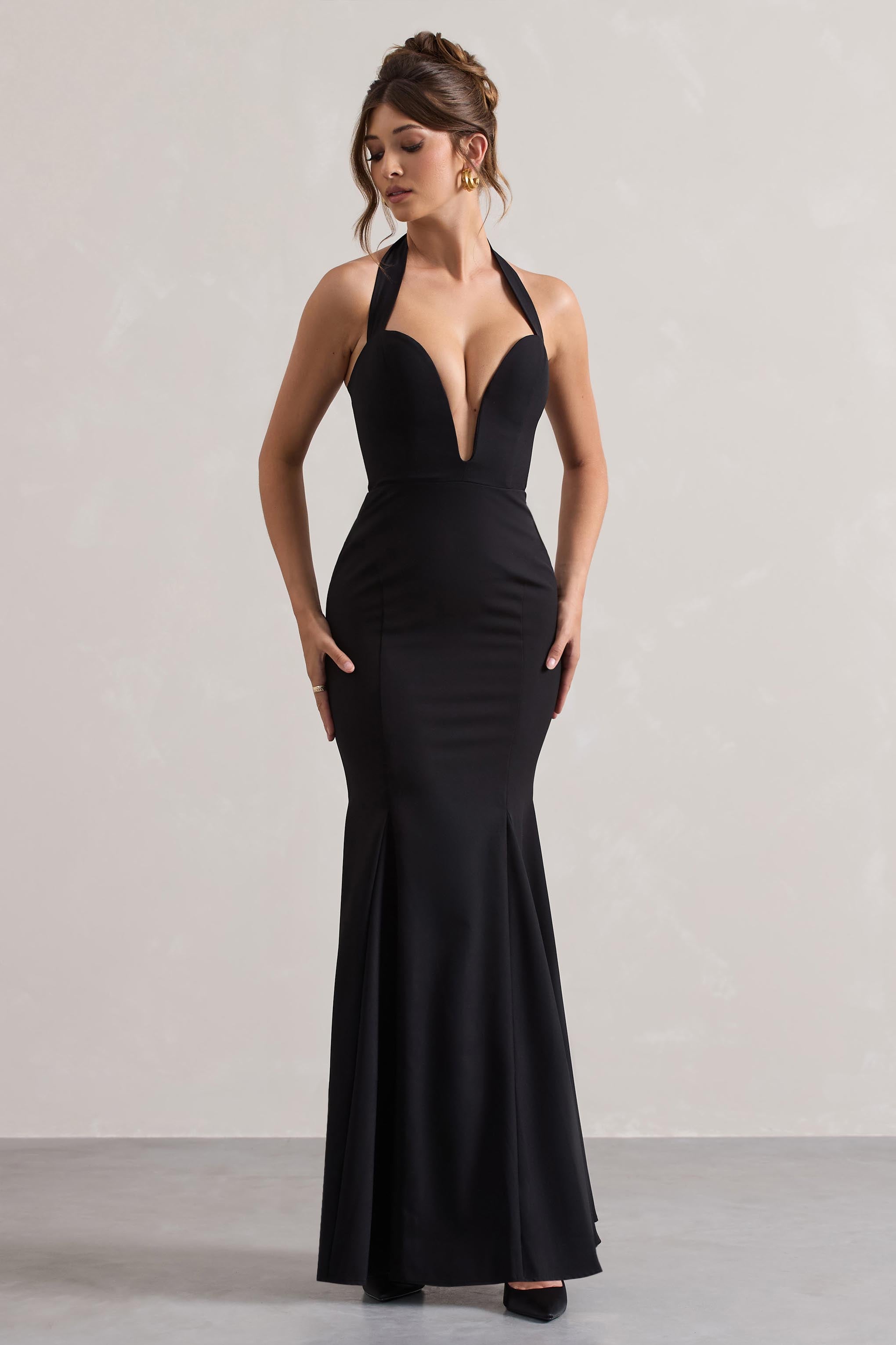 Plaza | Siyah Derin Yaka Halter Boy Fishtail Elbise