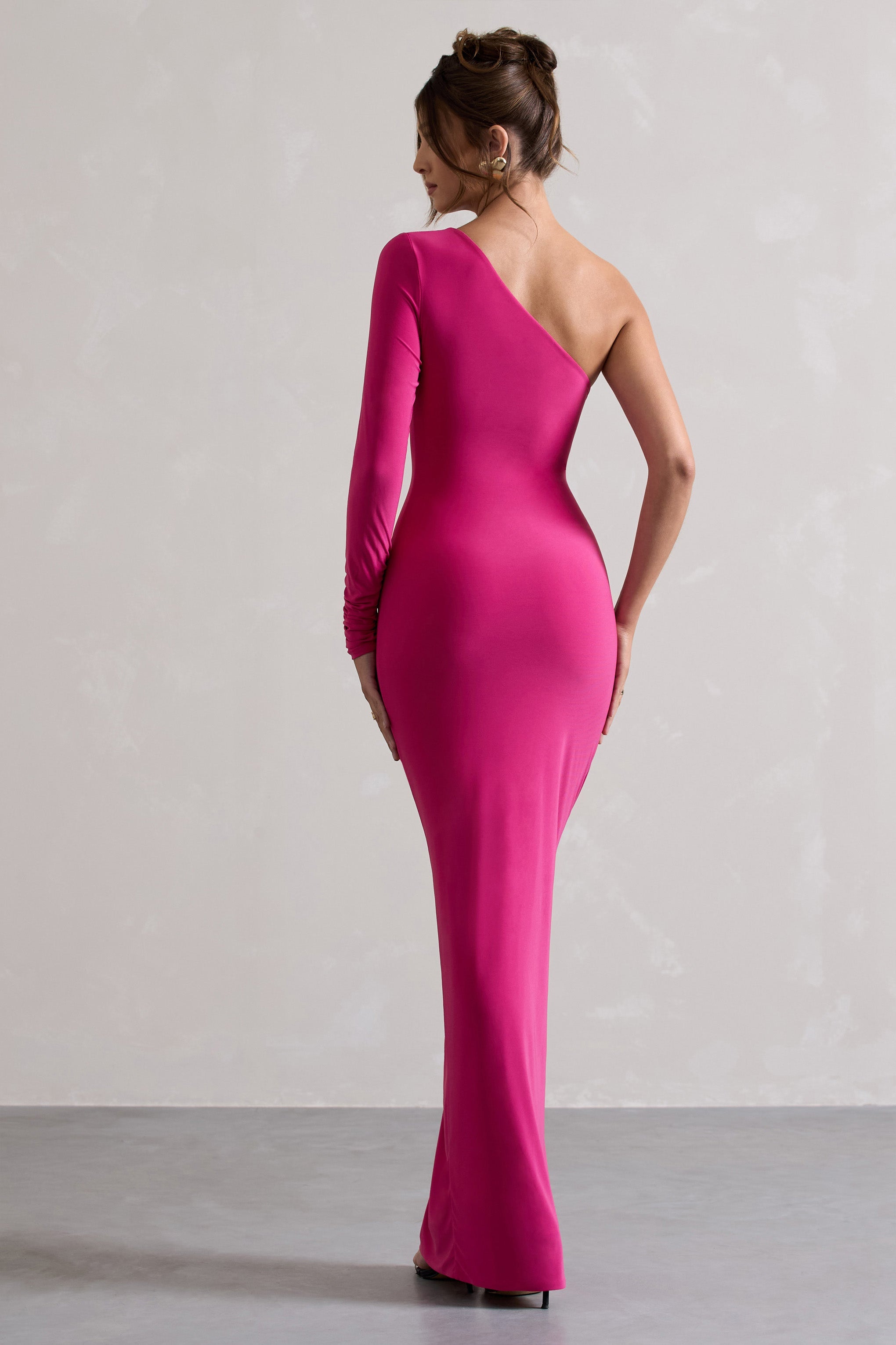 Anima | Koyu Pembe Asimetrik Kırışık Tek Kol Maxi Elbise