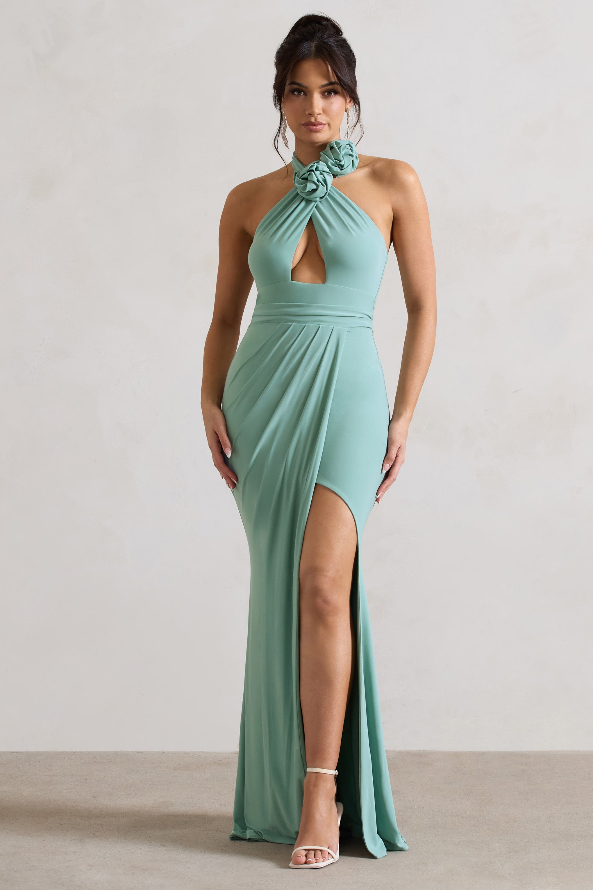 Kira | Çiçekli Sage Halter Yaka Kesik Maxi Elbise