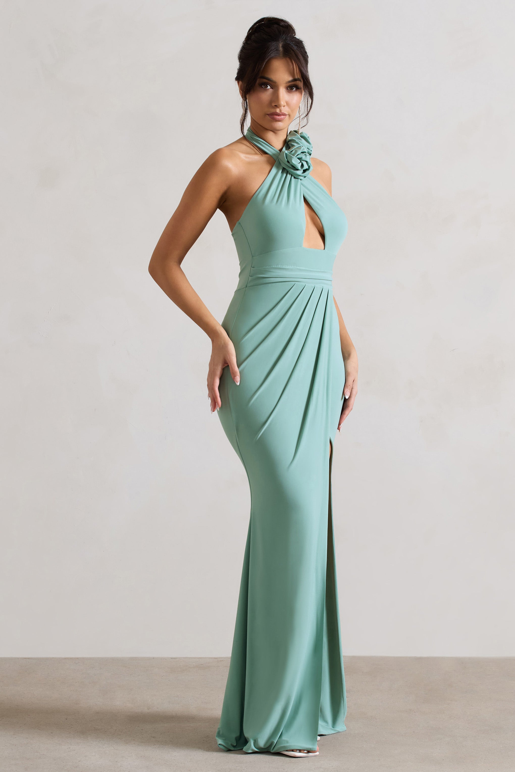 Kira | Çiçekli Sage Halter Yaka Kesik Maxi Elbise