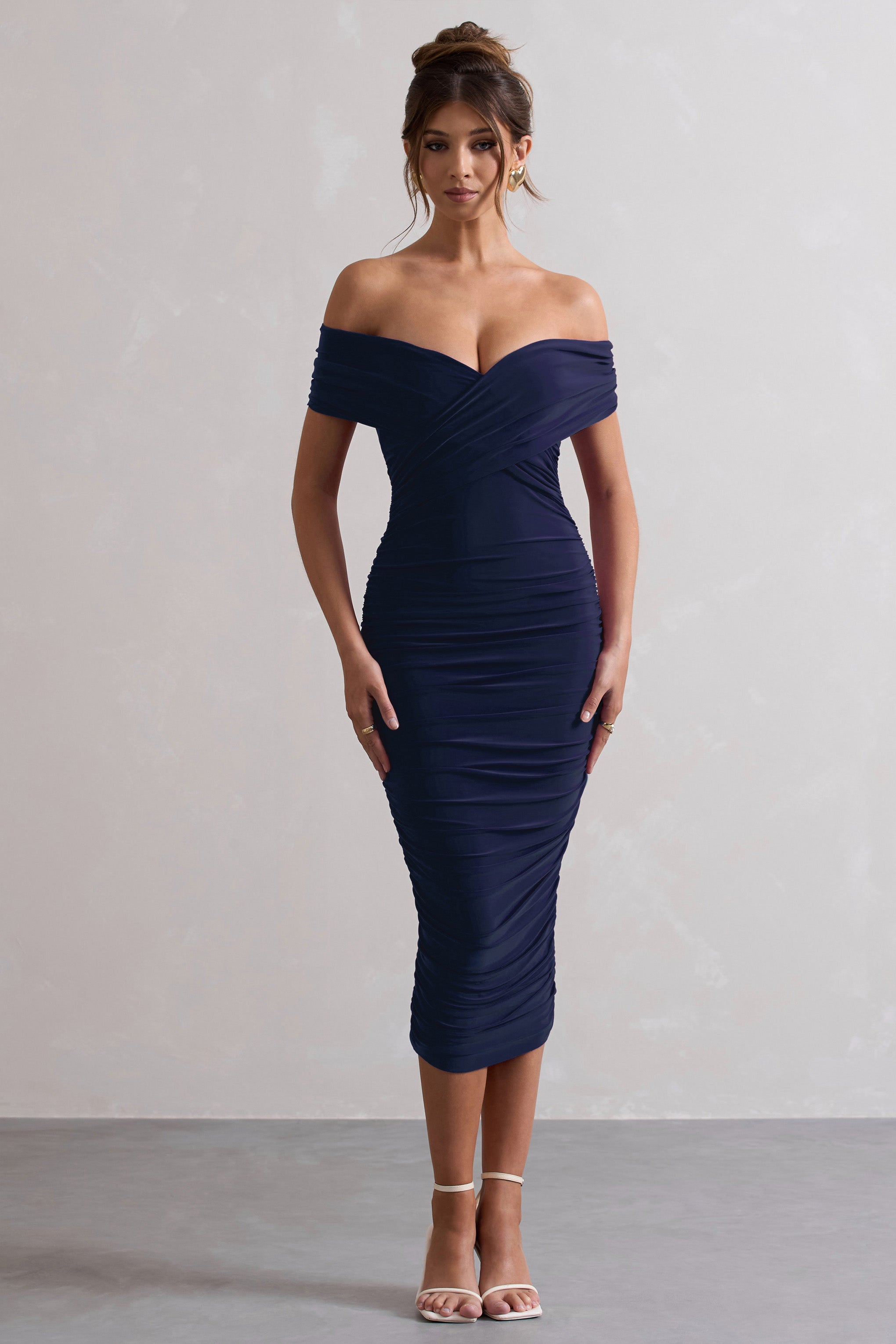 Unwrapped | Lacivert Kırışık Twist Bardot Midi Elbise