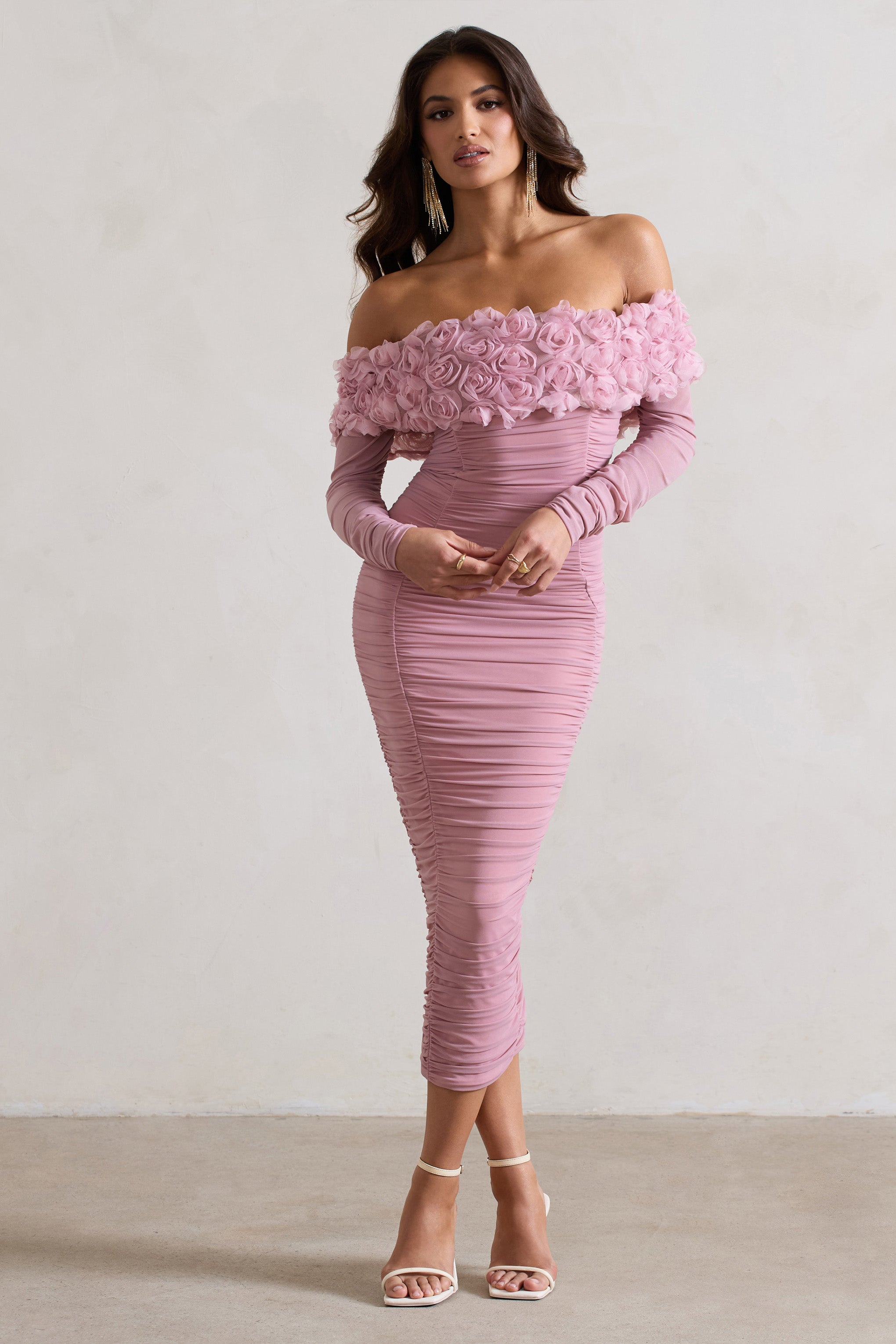 Sierra | Pembe File Detaylı Çiçekli Bardot İpli Midi Elbise
