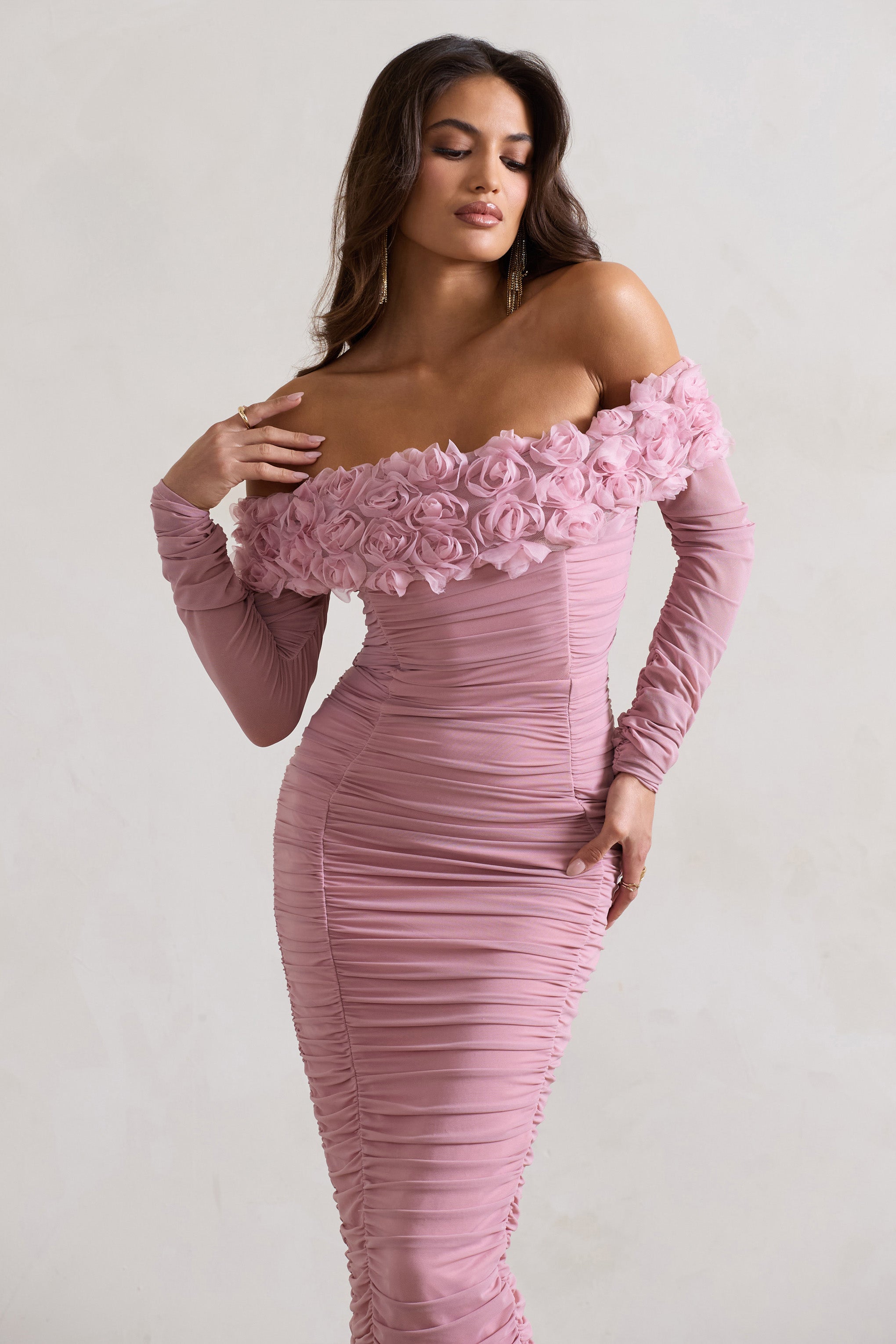 Sierra | Pembe File Detaylı Çiçekli Bardot İpli Midi Elbise