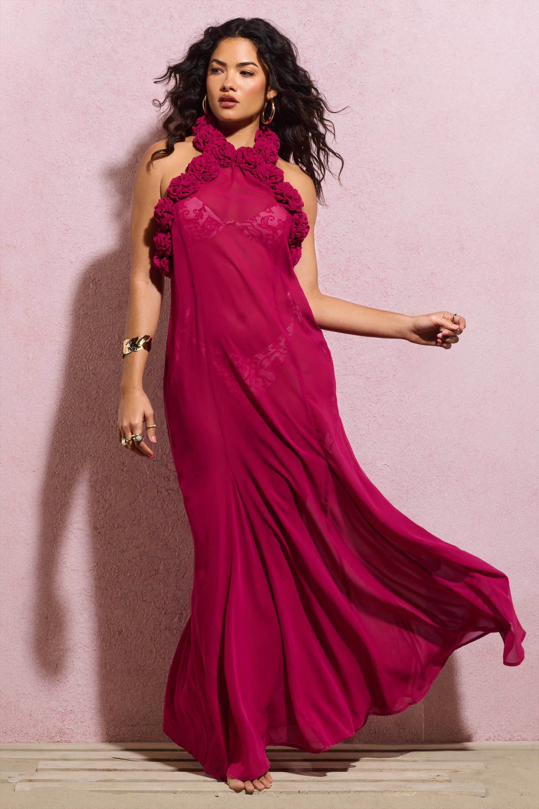 Naelya | Korse Detaylı Koyu Pembe Şifon Halter Yaka Maxi Elbise