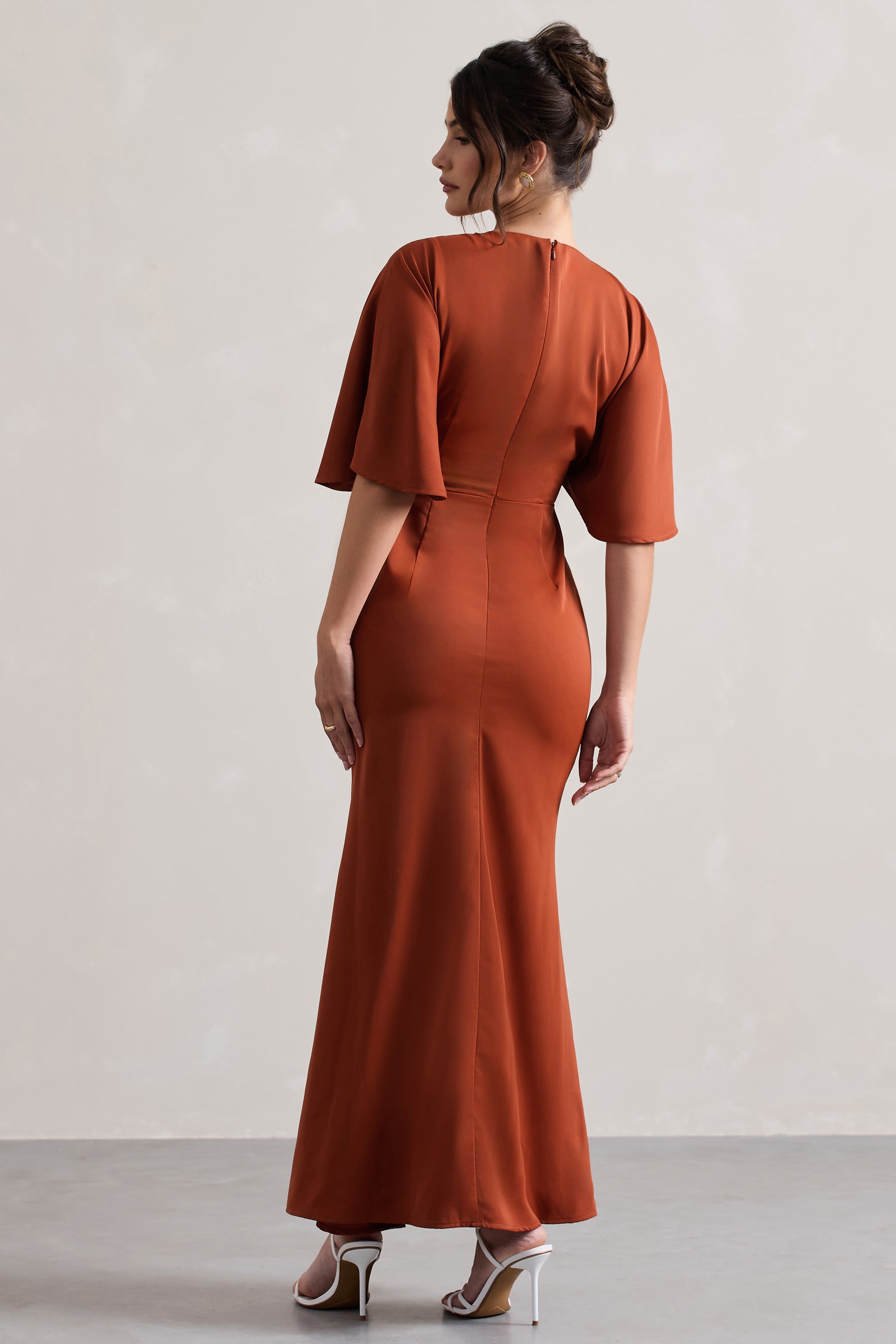 Elidy | Terracotta Düğmeli Flutter-Kollu Kesik Maxi Elbise