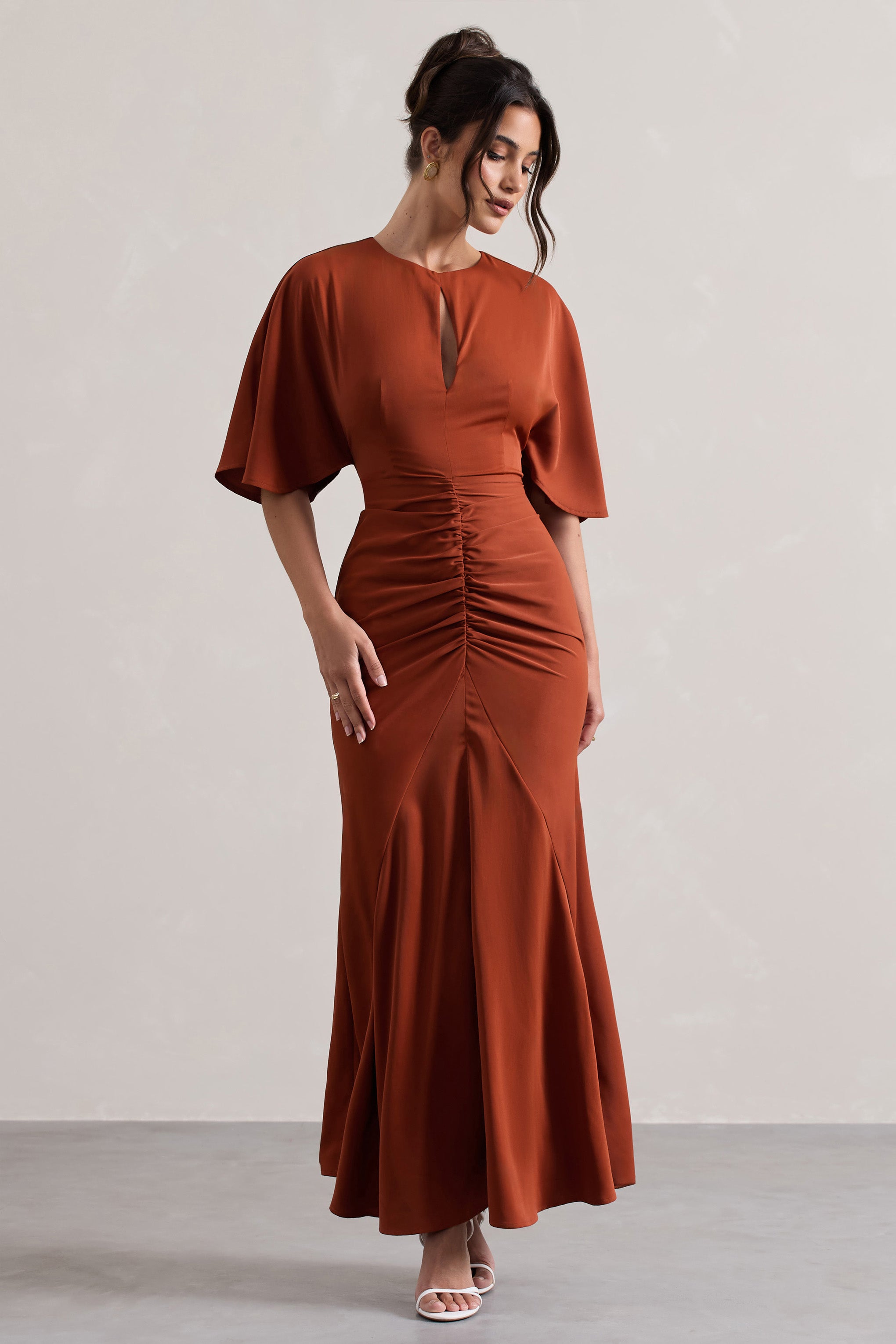 Elidy | Terracotta Düğmeli Flutter-Kollu Kesik Maxi Elbise
