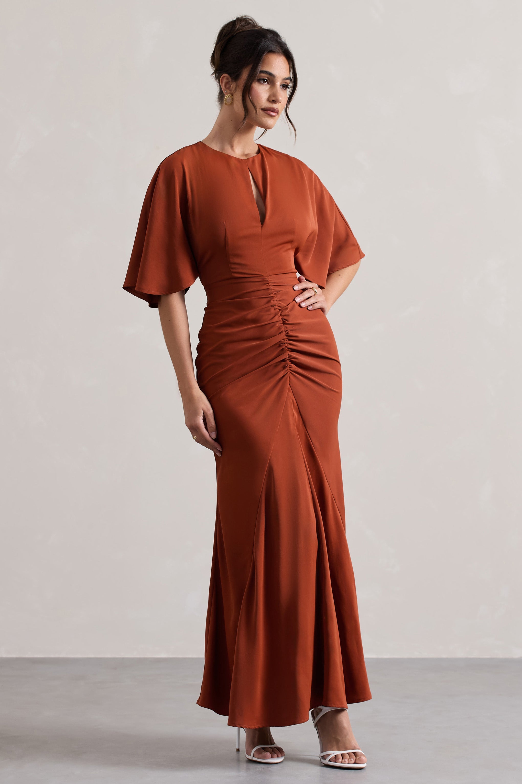 Elidy | Terracotta Düğmeli Flutter-Kollu Kesik Maxi Elbise