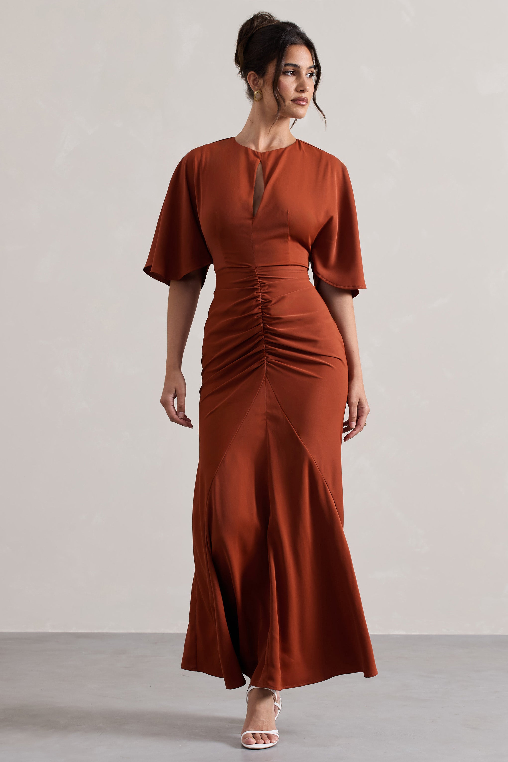 Elidy | Terracotta Düğmeli Flutter-Kollu Kesik Maxi Elbise