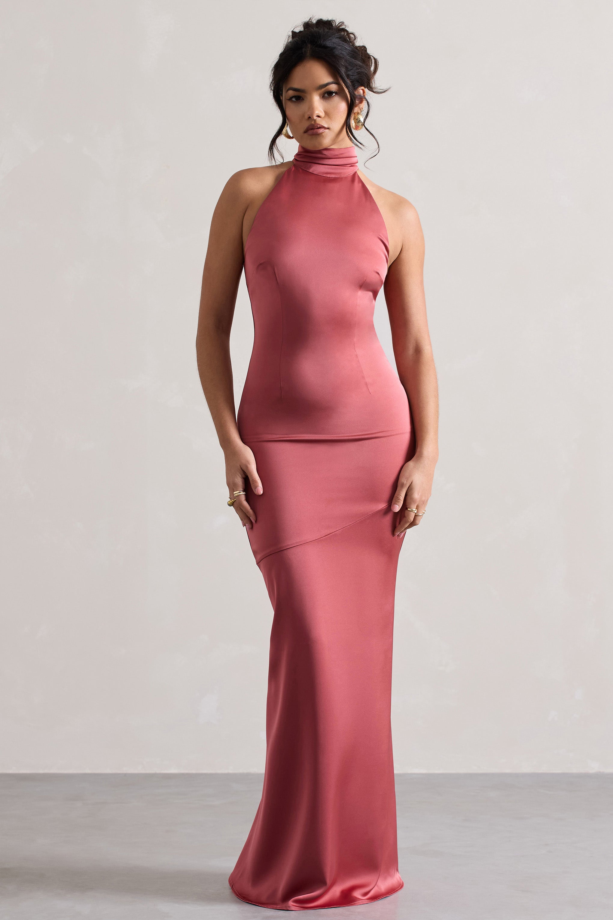 Adoria | Vintage Berry Saten Yüksek Yaka Maxi Elbise