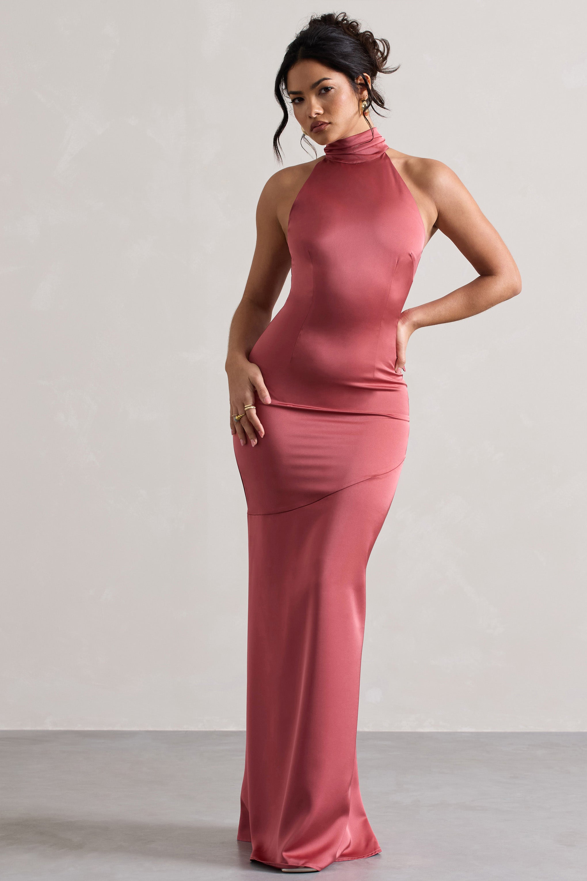 Adoria | Vintage Berry Saten Yüksek Yaka Maxi Elbise