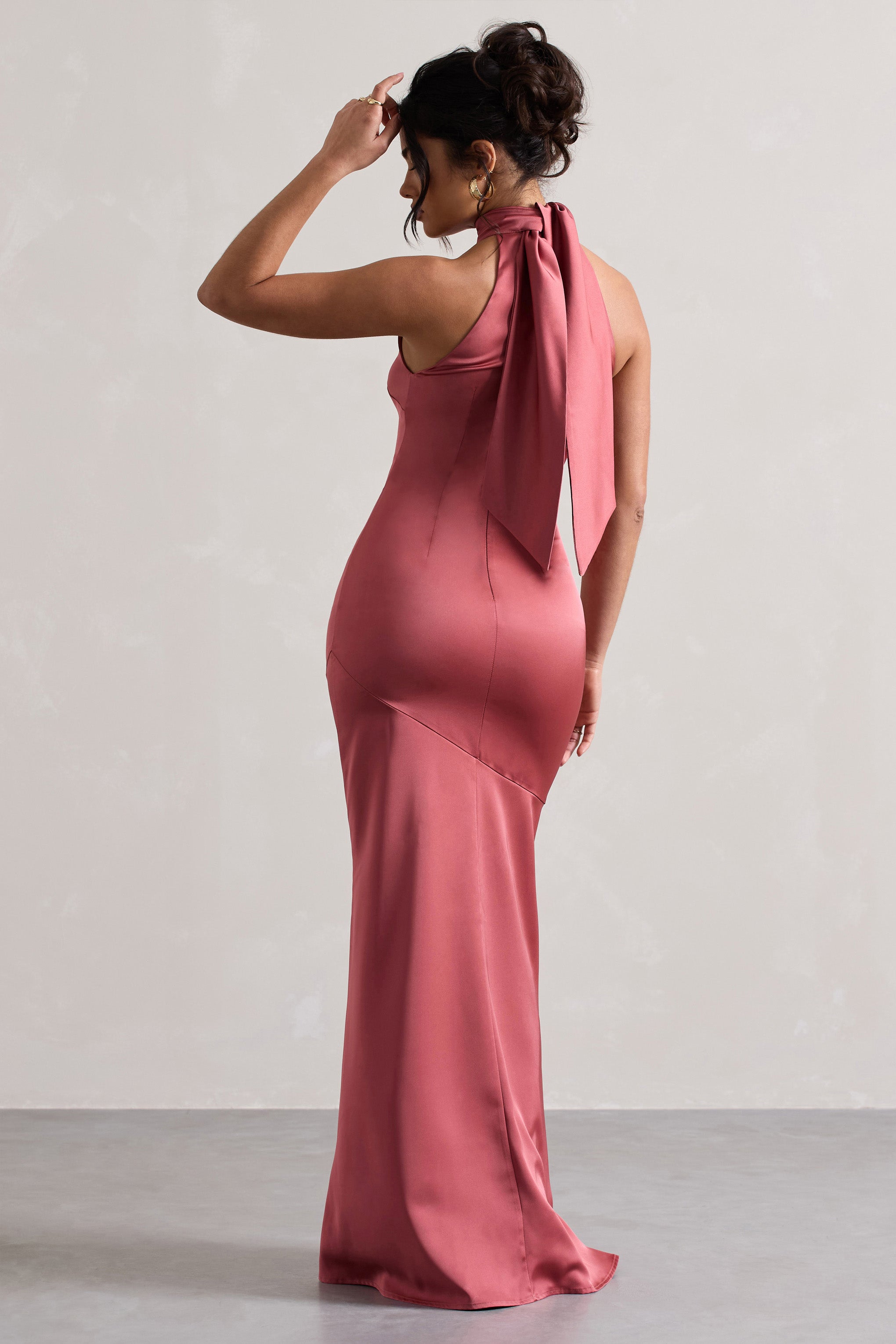 Adoria | Vintage Berry Saten Yüksek Yaka Maxi Elbise