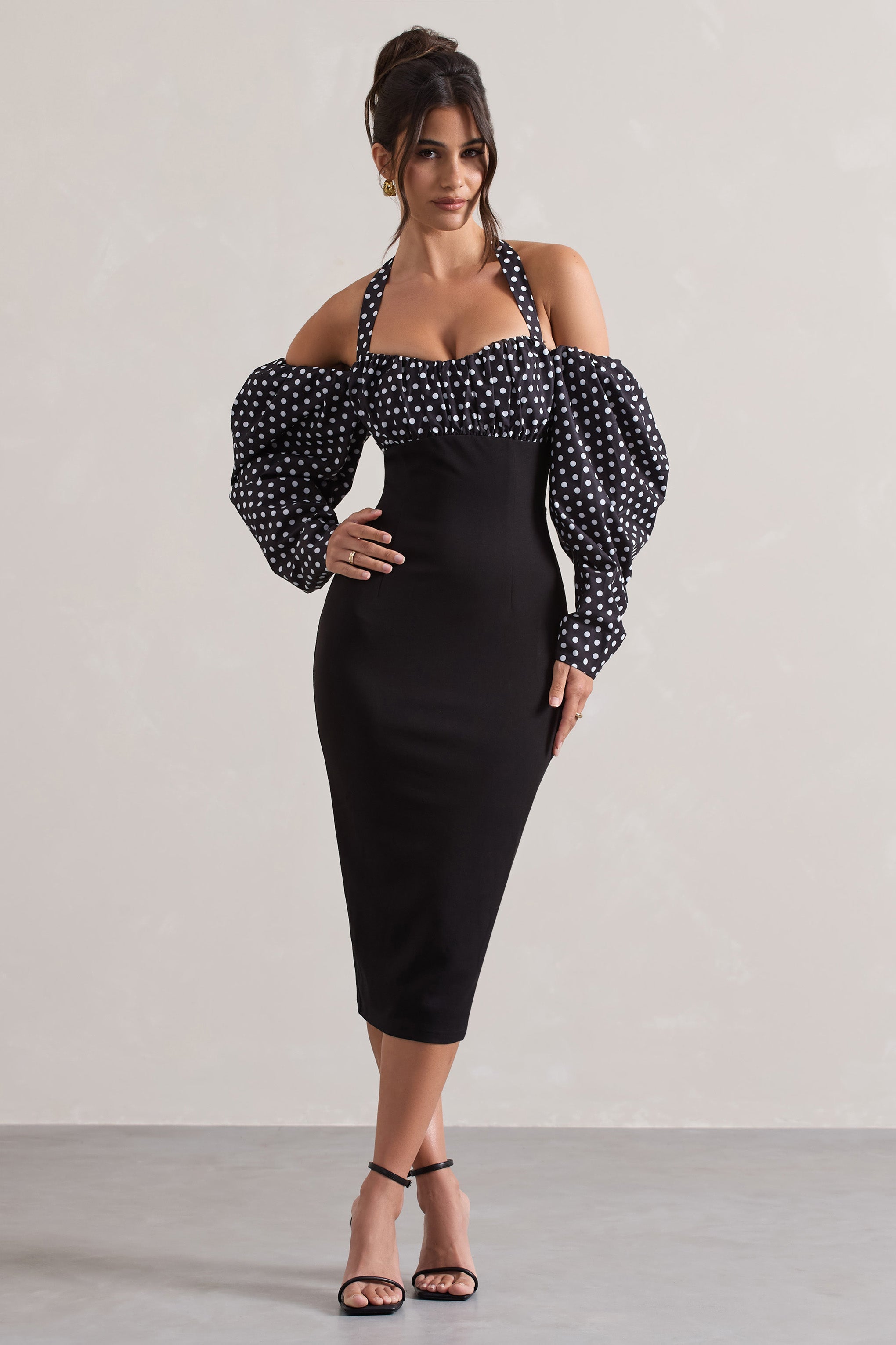 Couture Client | Siyah & Beyaz Puantiye Halter Yaka Puff Kol Midi Elbise