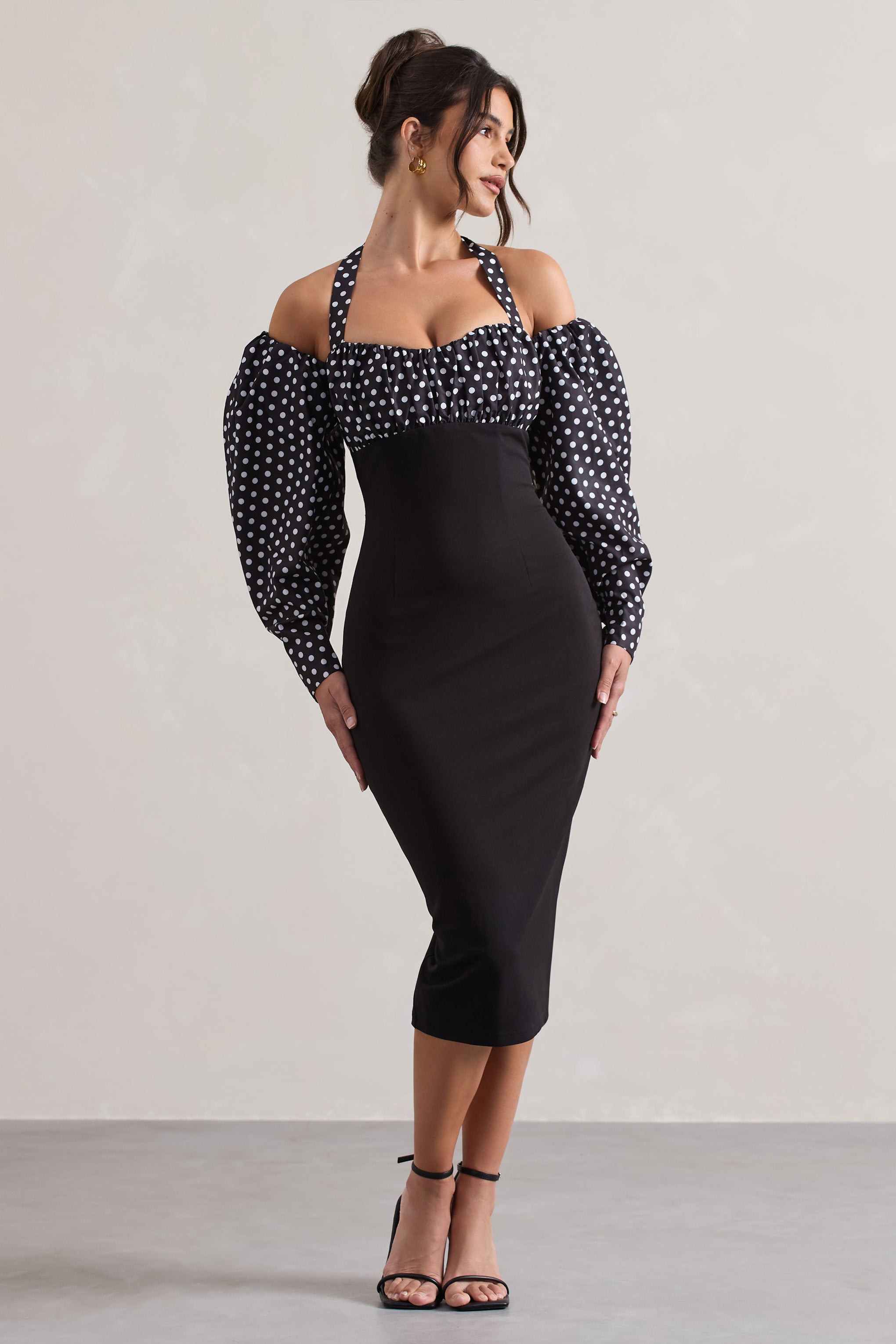Couture Client | Siyah & Beyaz Puantiye Halter Yaka Puff Kol Midi Elbise