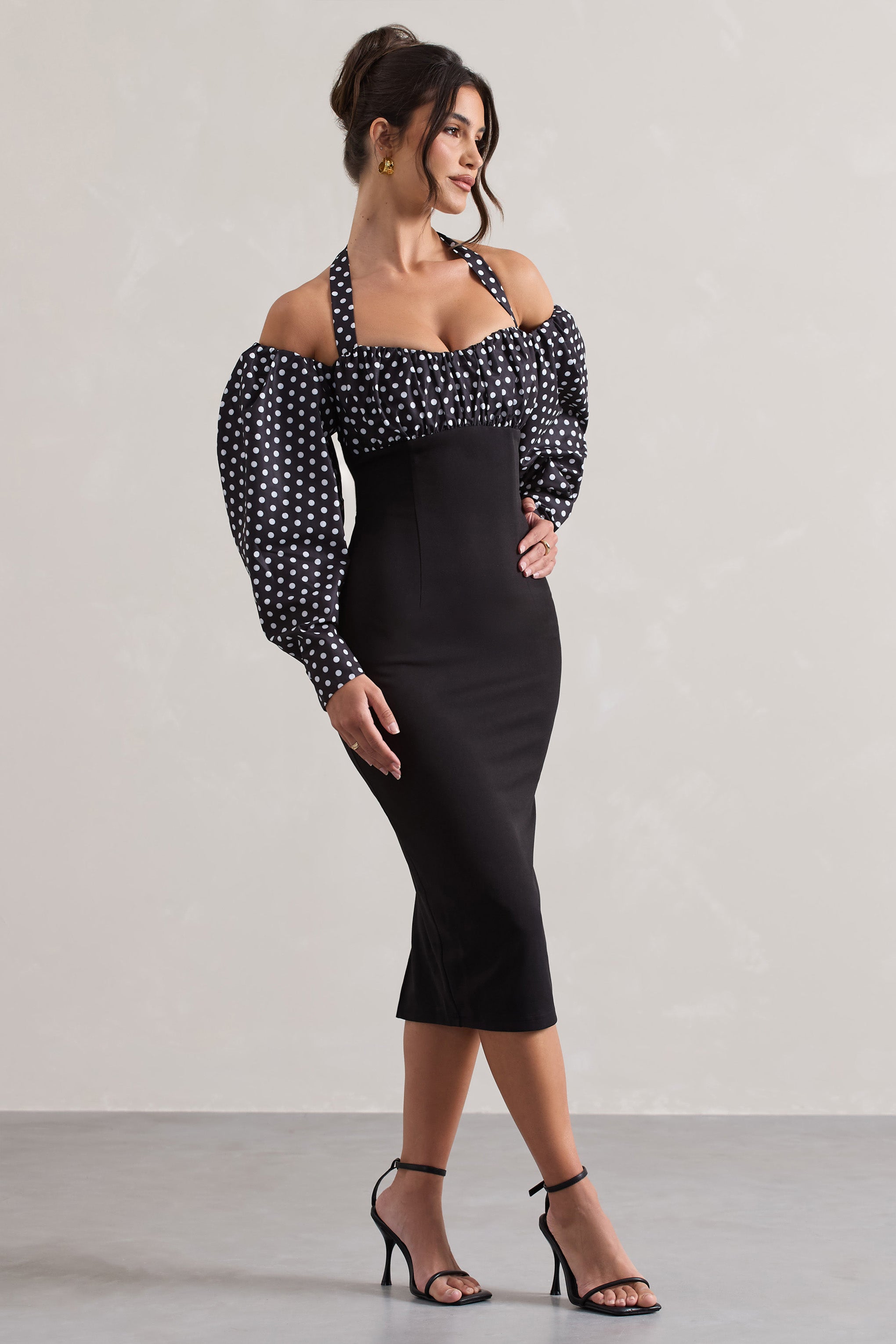 Couture Client | Siyah & Beyaz Puantiye Halter Yaka Puff Kol Midi Elbise