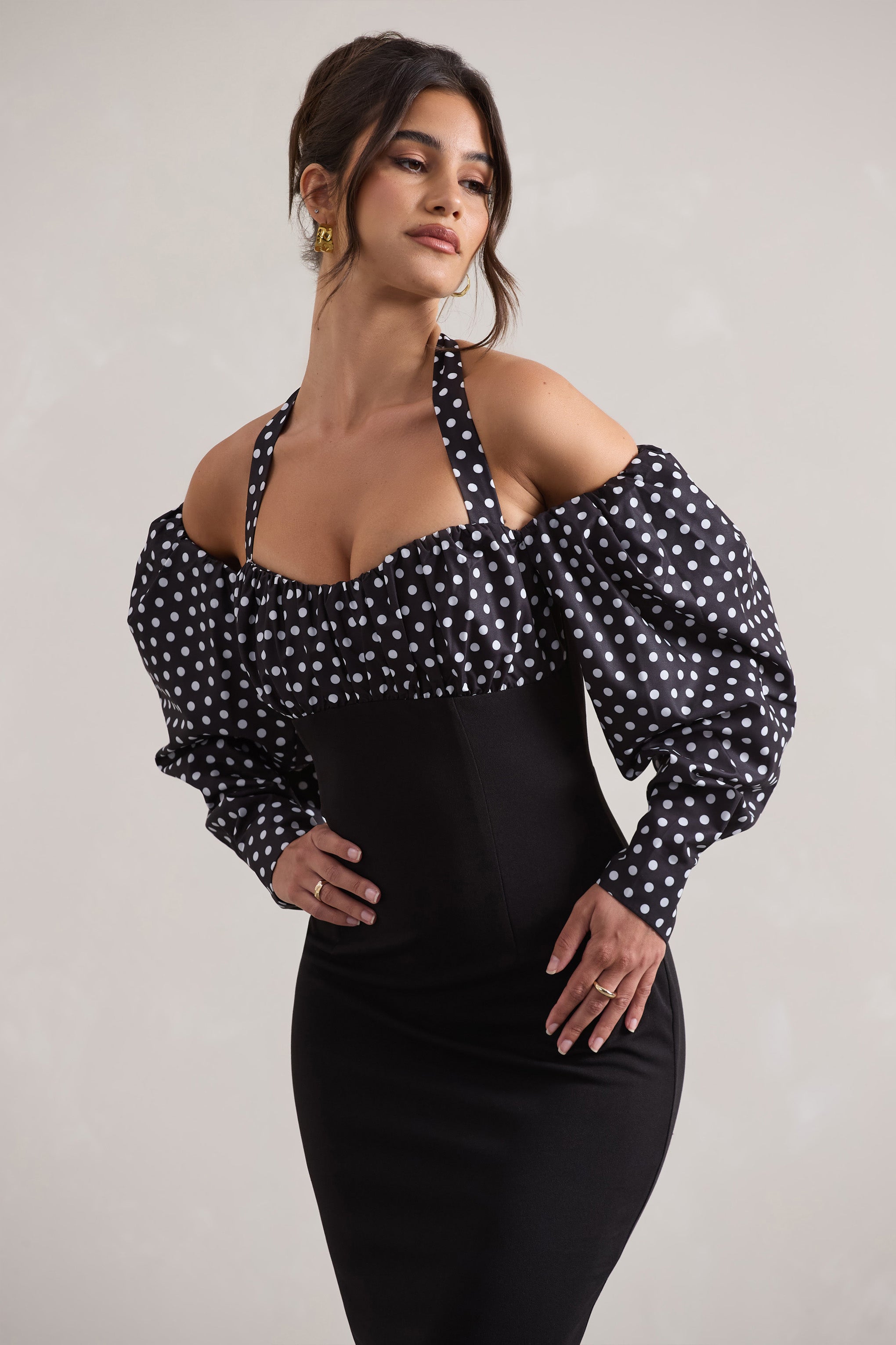 Couture Client | Siyah & Beyaz Puantiye Halter Yaka Puff Kol Midi Elbise