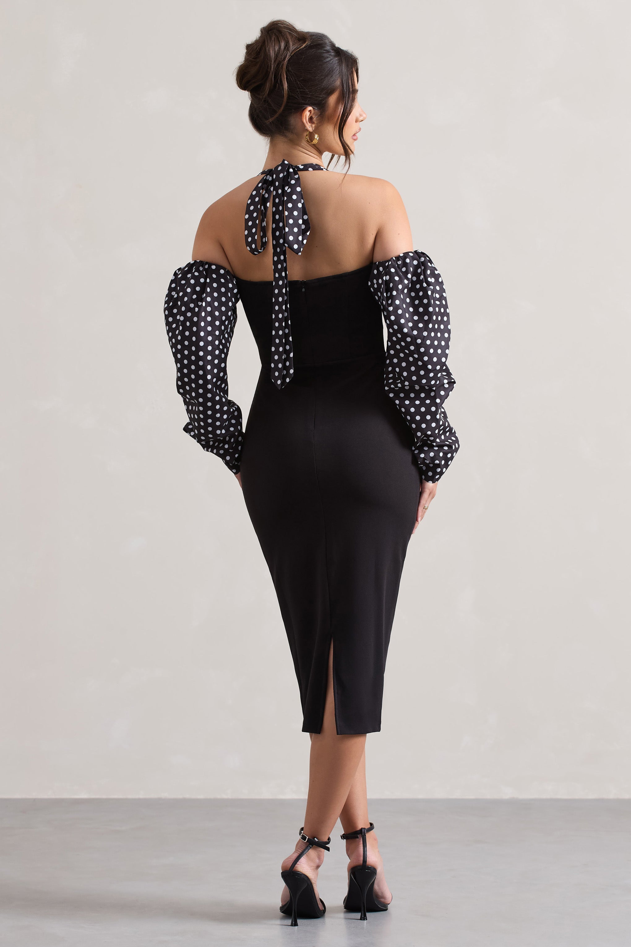 Couture Client | Siyah & Beyaz Puantiye Halter Yaka Puff Kol Midi Elbise
