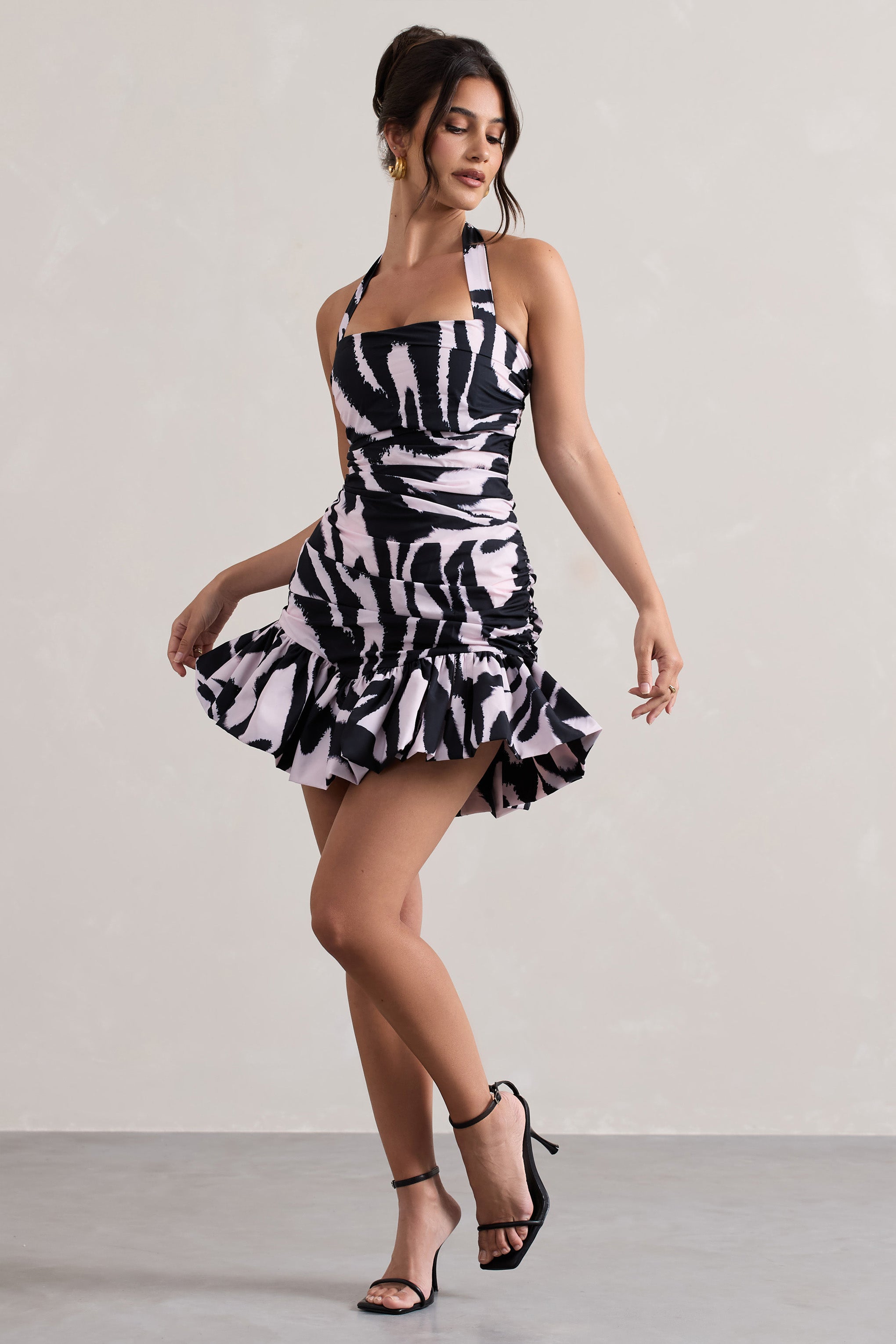 Zahra | Zebra Desenli Halter Yaka Volanlı Mini Elbise